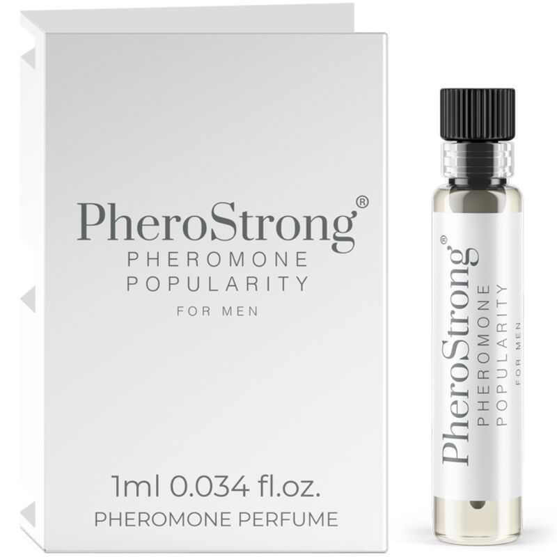 Karton und Flakon. Aufschrift: PheroStrong Pheromone Popularity für Männer. 1ml 0.034 fl.oz. Pheromone Parfum.