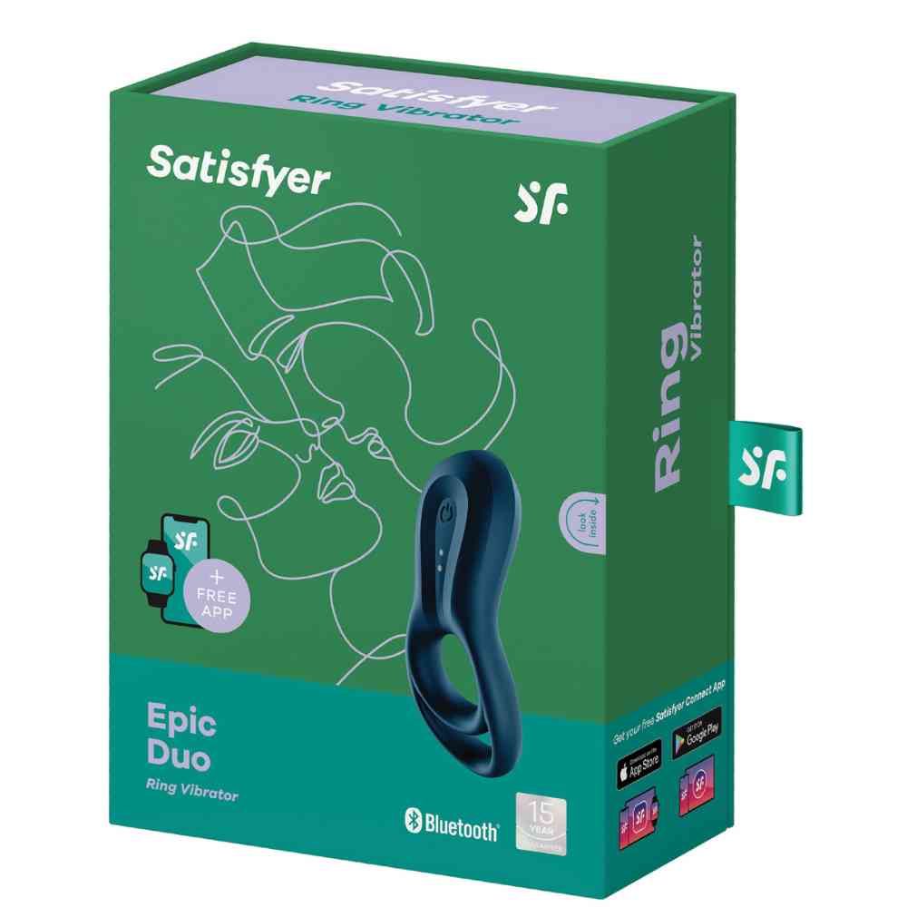 Verpackung des Ringvibrators. Grün mit Produktabbildung und Logo. Text: Satisfyer, Epic Duo, Ring Vibrator, Bluetooth, App.