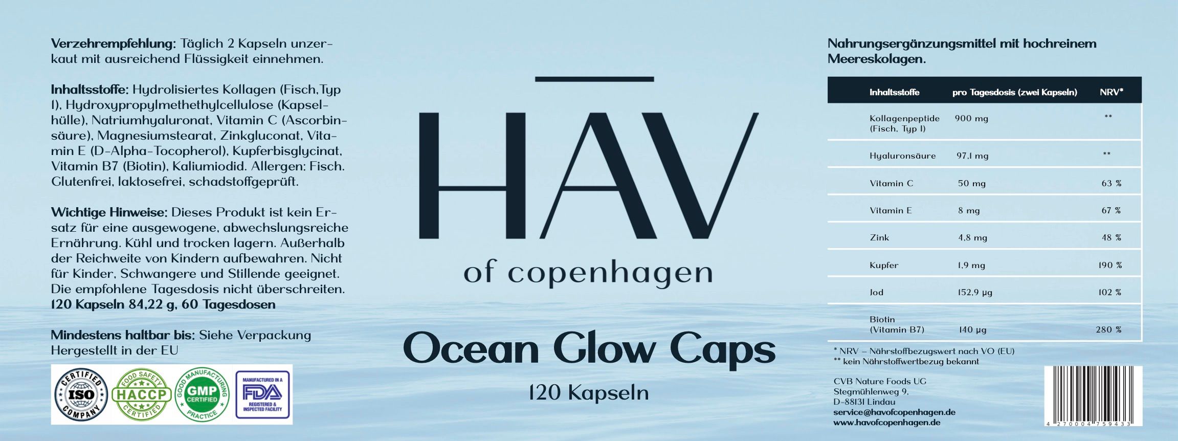 Etikett mit Produktinformationen. HAV Ocean Glow Caps, 120 Kapseln. Inhaltsstoffe, Nährwerttabelle, wichtige Hinweise.