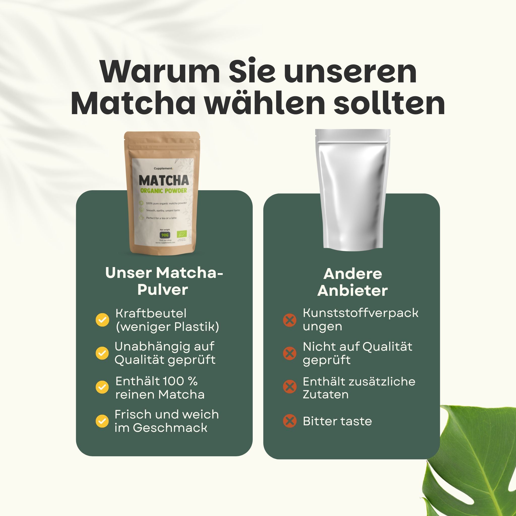 Vergleich von eigenem Matcha-Pulver mit dem anderer Anbieter. Text: Warum Sie unseren Matcha wählen sollten.