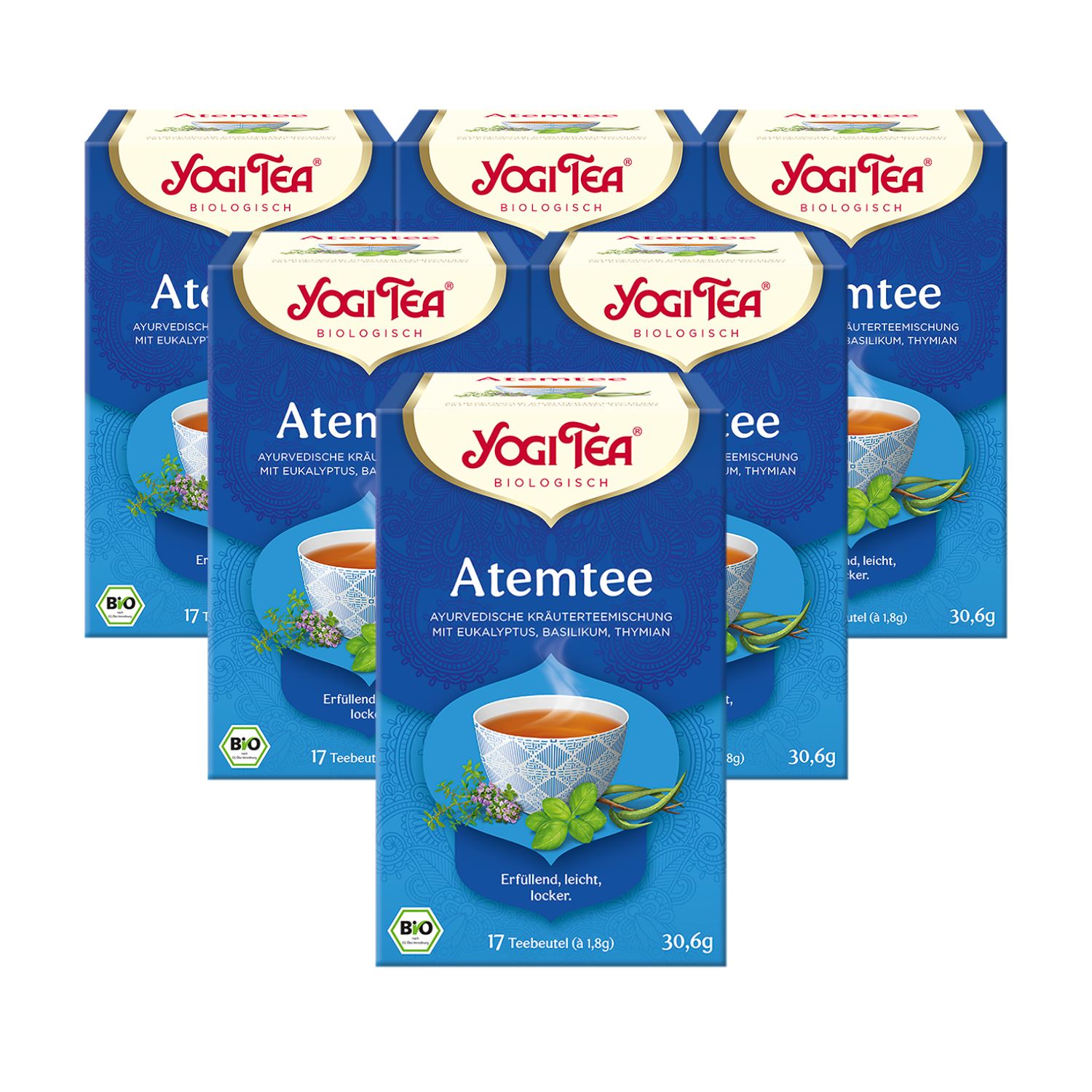 Mehrere Schachteln Yogi Tea Atemtee. Blaue Verpackung mit Logo und Produktbezeichnung. Bio-Siegel.