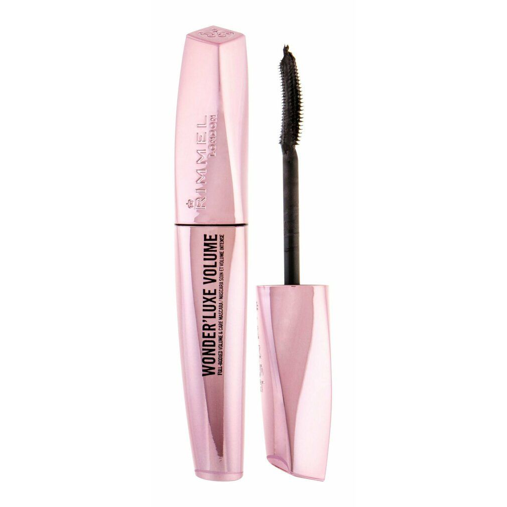 Rimmel London Wonder'Luxe Volume Mascara. Rosa-farbene Hülse, schwarze Bürste. Deckel geöffnet.