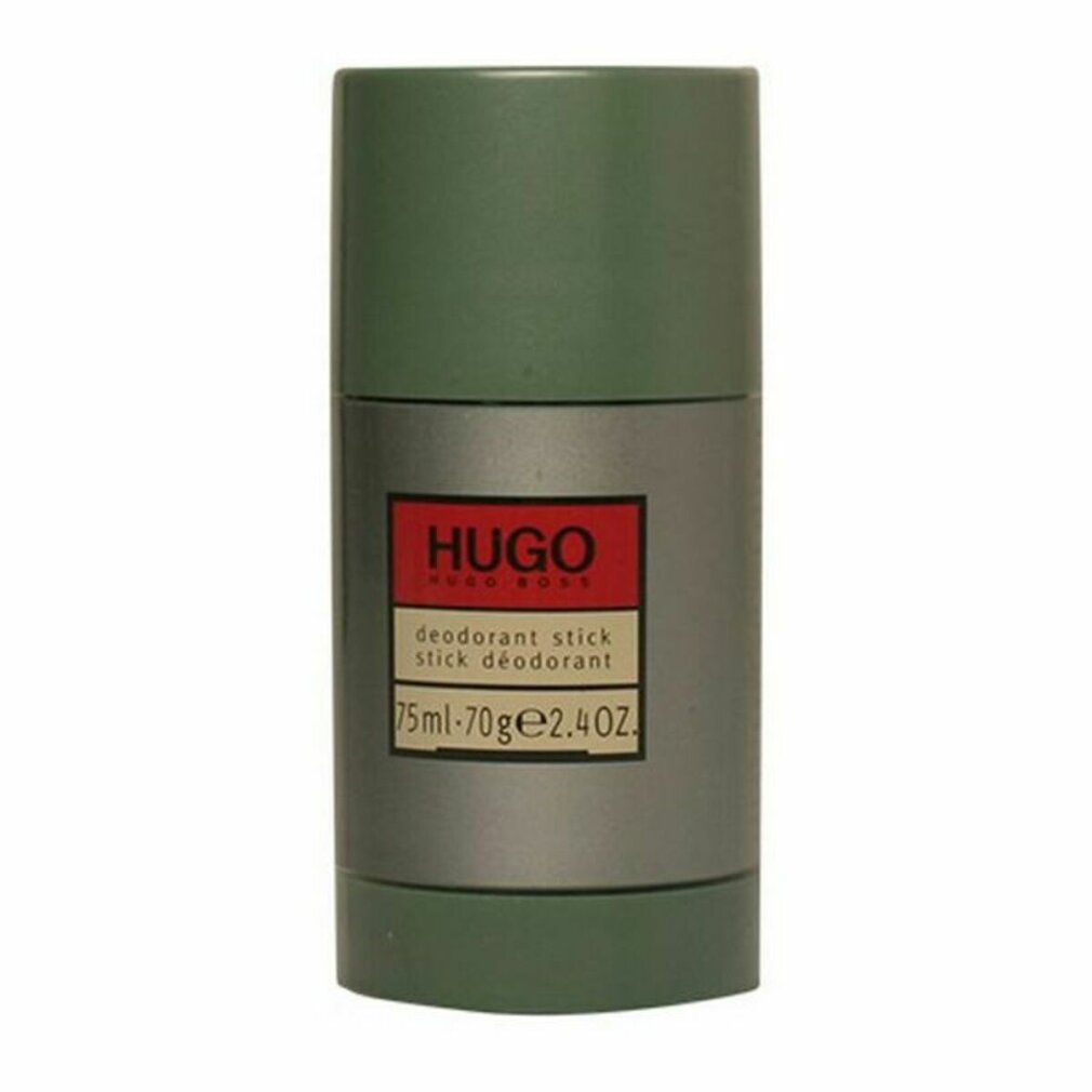 Deodorant-Stick. Grün-silberne Verpackung. Roter Schriftzug HUGO. Text: Deodorant Stick, 75ml-70g-2.4oz.