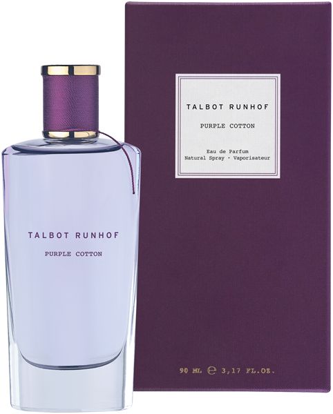 Flakon und Verpackung von Talbot Runhof Purple Cotton. Flakon mit lila Verschluss, daneben die rechteckige Verpackung.