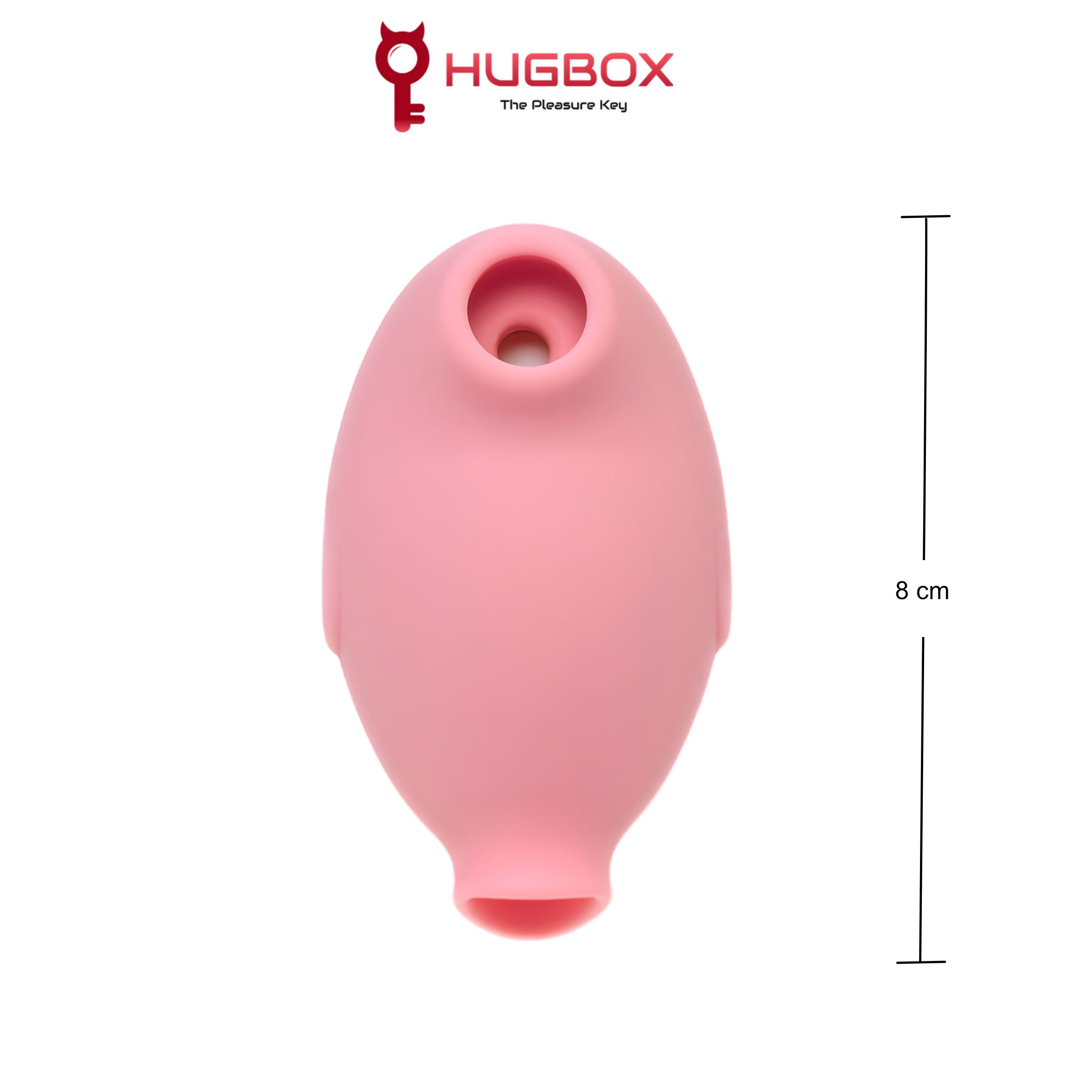 Rosa, eiförmiges Gerät mit Öffnungen. HUGBOX-Logo. Abmessung: 8 cm. Produktansicht von vorne.