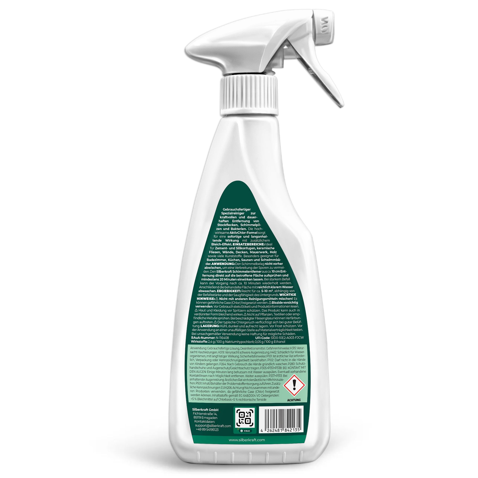 Rückseite der Sprühflasche SILBERKRAFT Schimmelentferner. Text und Piktogramme. Warnhinweis. QR-Code. Grüne und weiße Farbgebung.