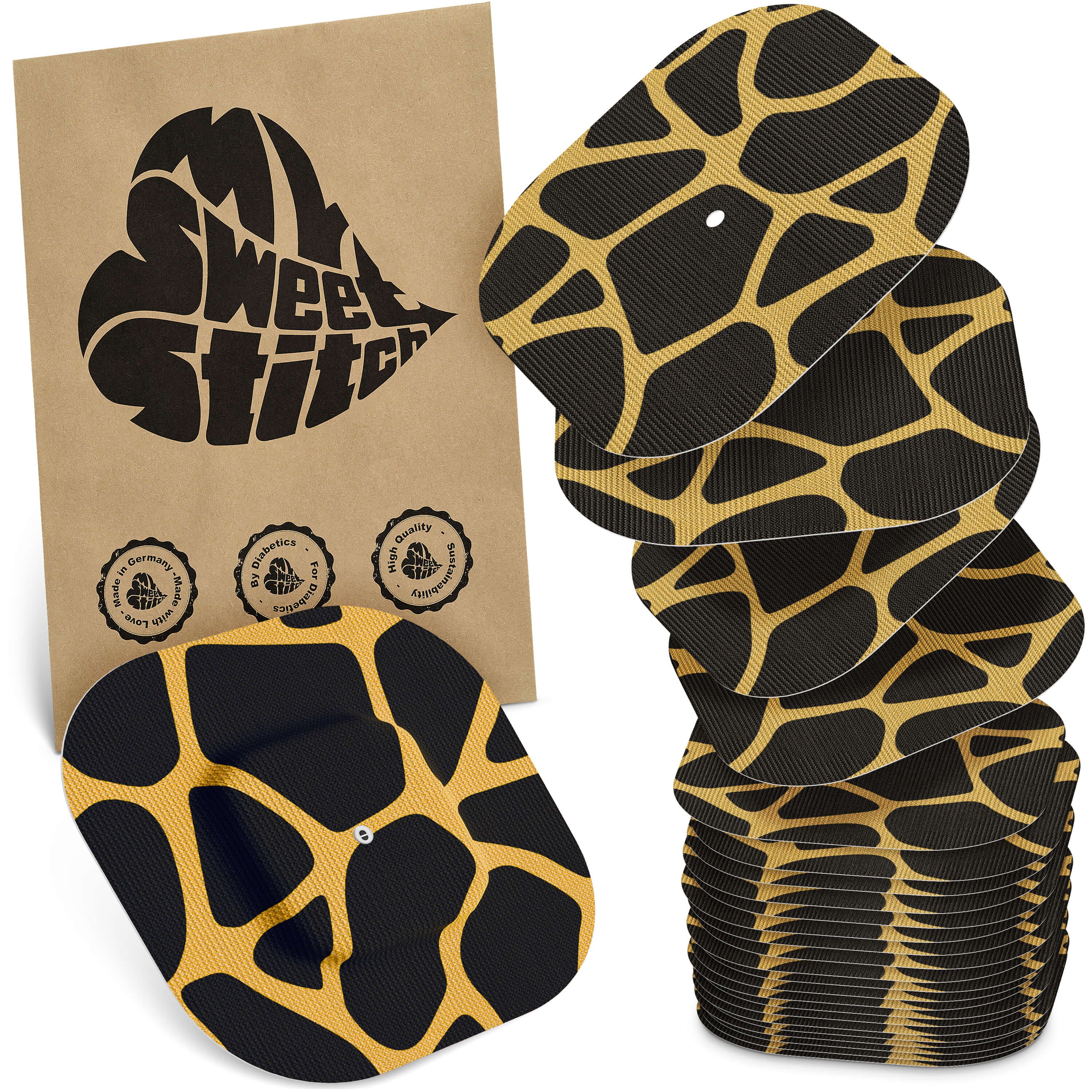 Verpackung mit Aufnähern. Aufnäher mit schwarzem und gelbem Muster. Auf der Verpackung steht "MySweetStitch".