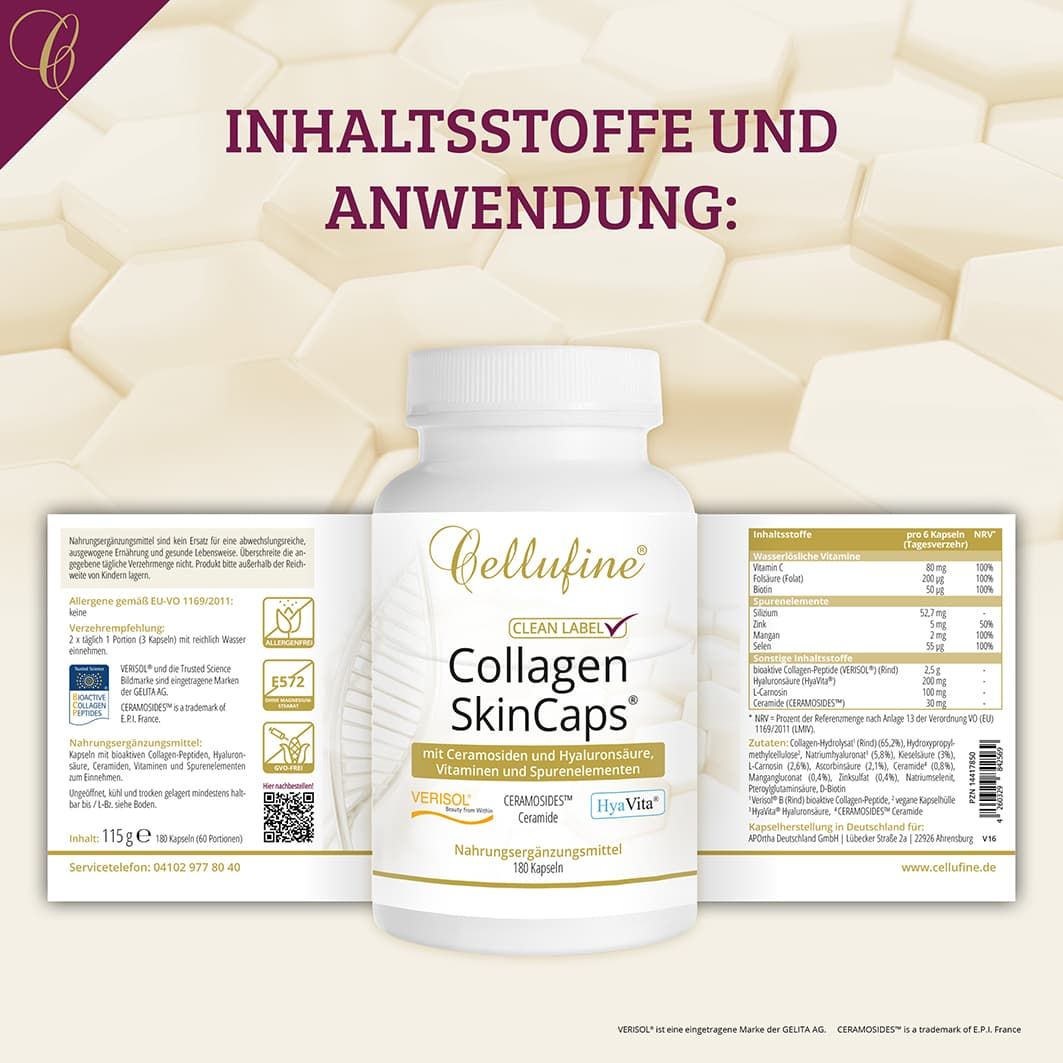 Flasche Cellufine Collagen SkinCaps mit Text: Collagen SkinCaps, 180 Kapseln, Inhaltsstoffe und Anwendung. Aufschrift: VERISOL, HyalVita.