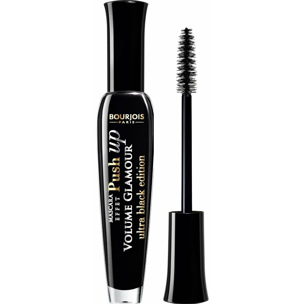 Schwarze Mascara-Tube mit Bürste. Aufschrift: Bourjois, Push up, Volume Glamour, Ultra Black Edition.