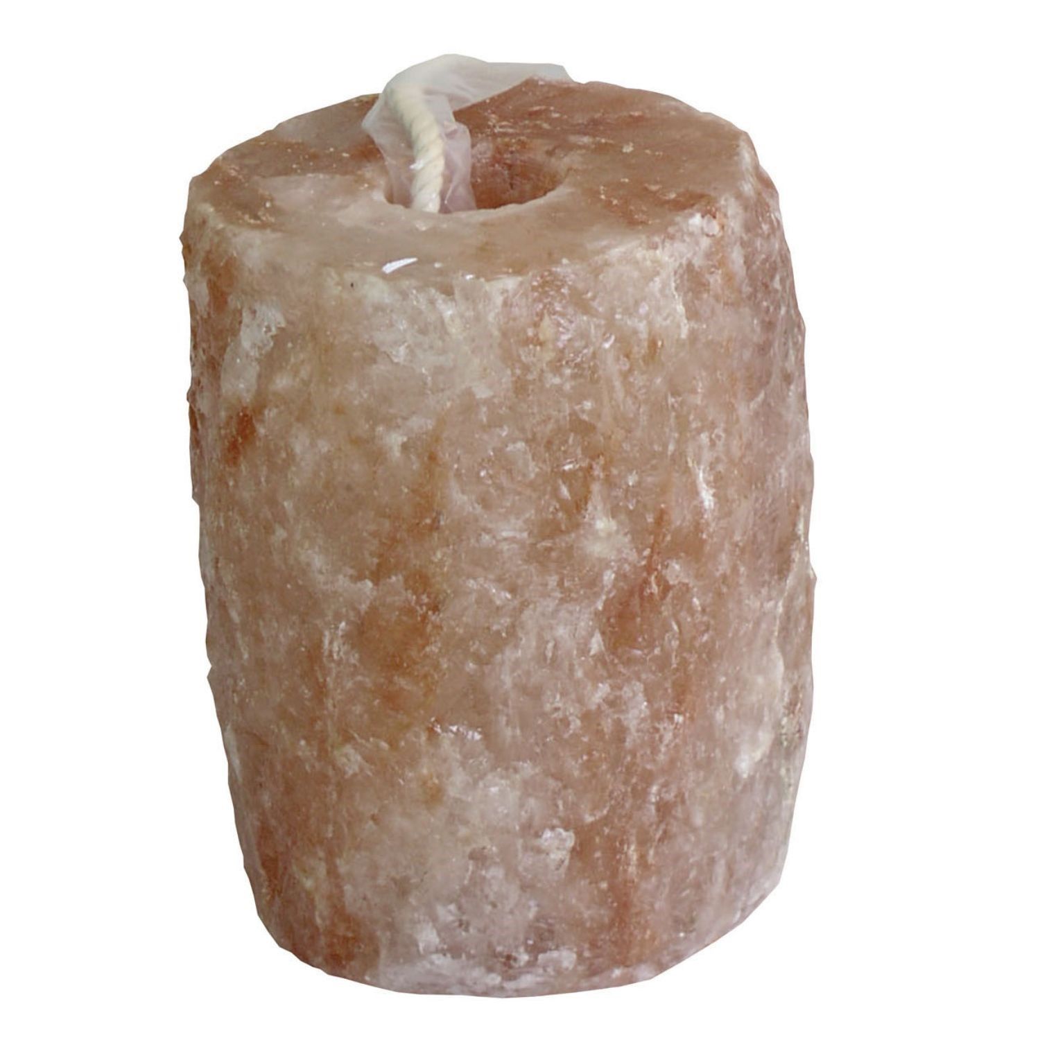 Zylindrischer Leckstein mit Loch. Rosa-beige Farbe. Schnur zur Befestigung.