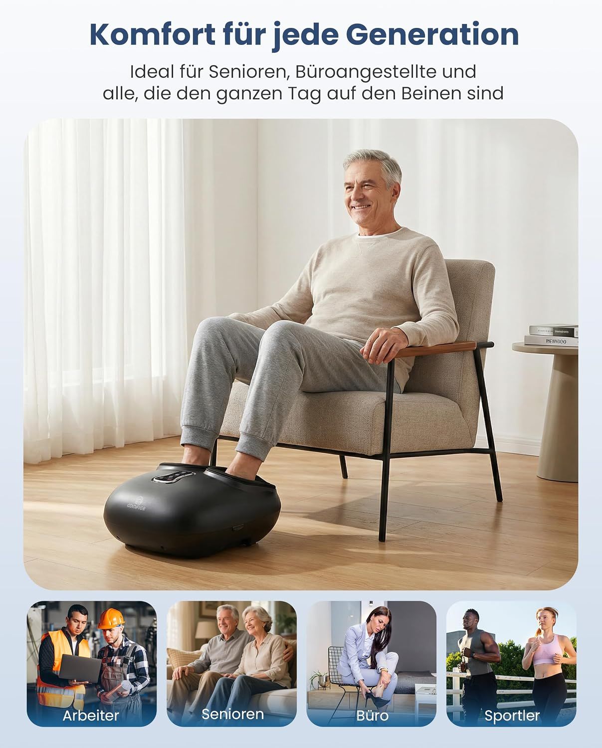 Mann benutzt eine Fußmassagegerät im Sitzen.