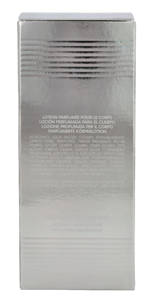 Rückseite der Schachtel. Text: Lotion Parfumée Pour Le Corps, Inhaltsstoffe, Jean Paul Gaultier.