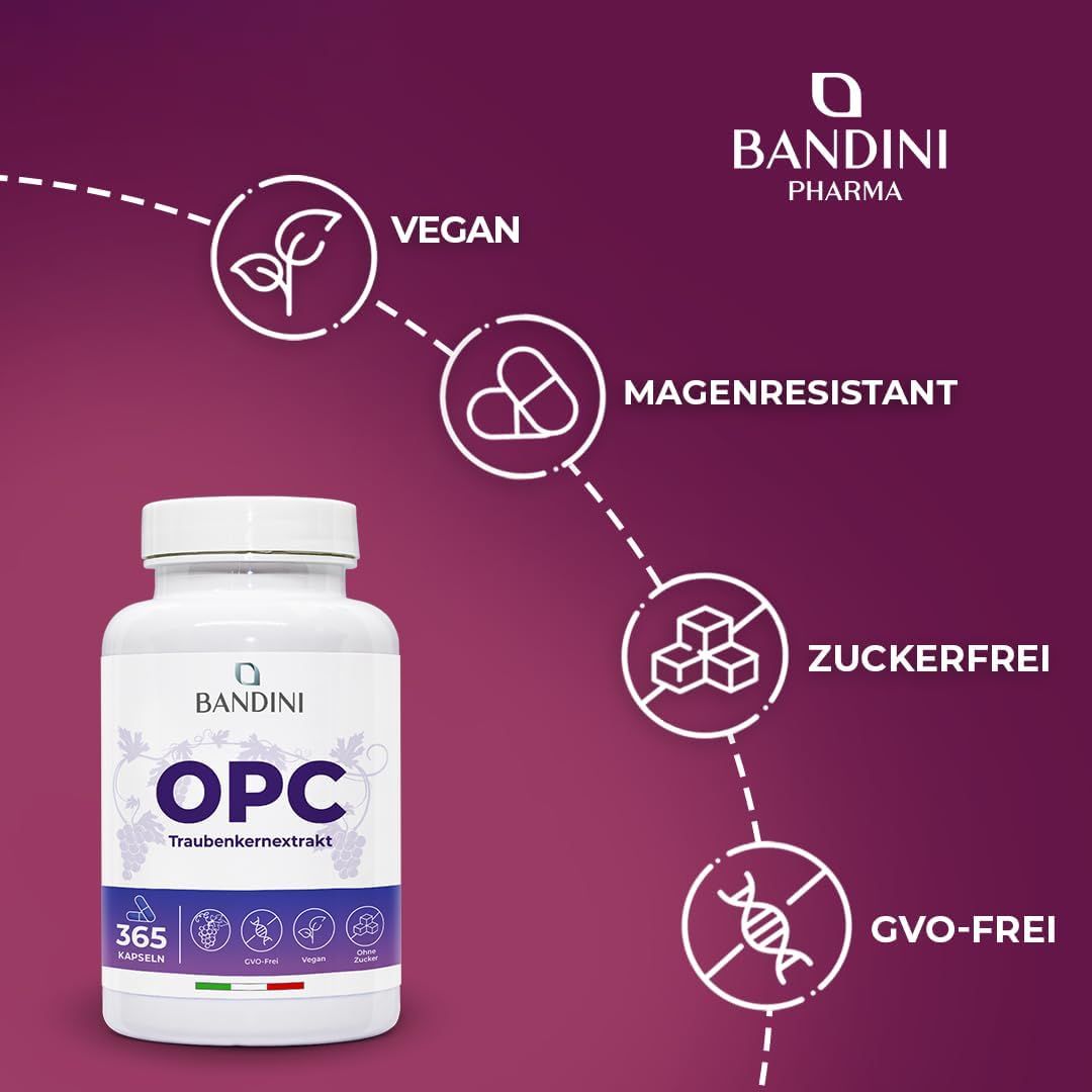 Weiße Flasche mit OPC Traubenkernextrakt. Text: Vegan, magenresistent, zuckerfrei, GVO-frei. Logo Bandini Pharma.