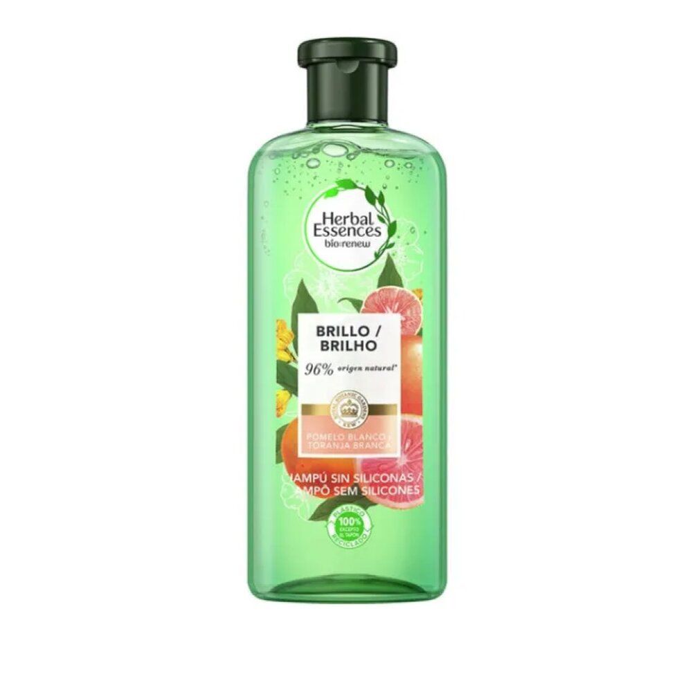 Grüne Shampoo-Flasche mit schwarzem Deckel. Etikett mit Produktnamen, Inhaltsstoffen und Logo. Brillo/Brilho. Pomelo/Toronja Blanca.