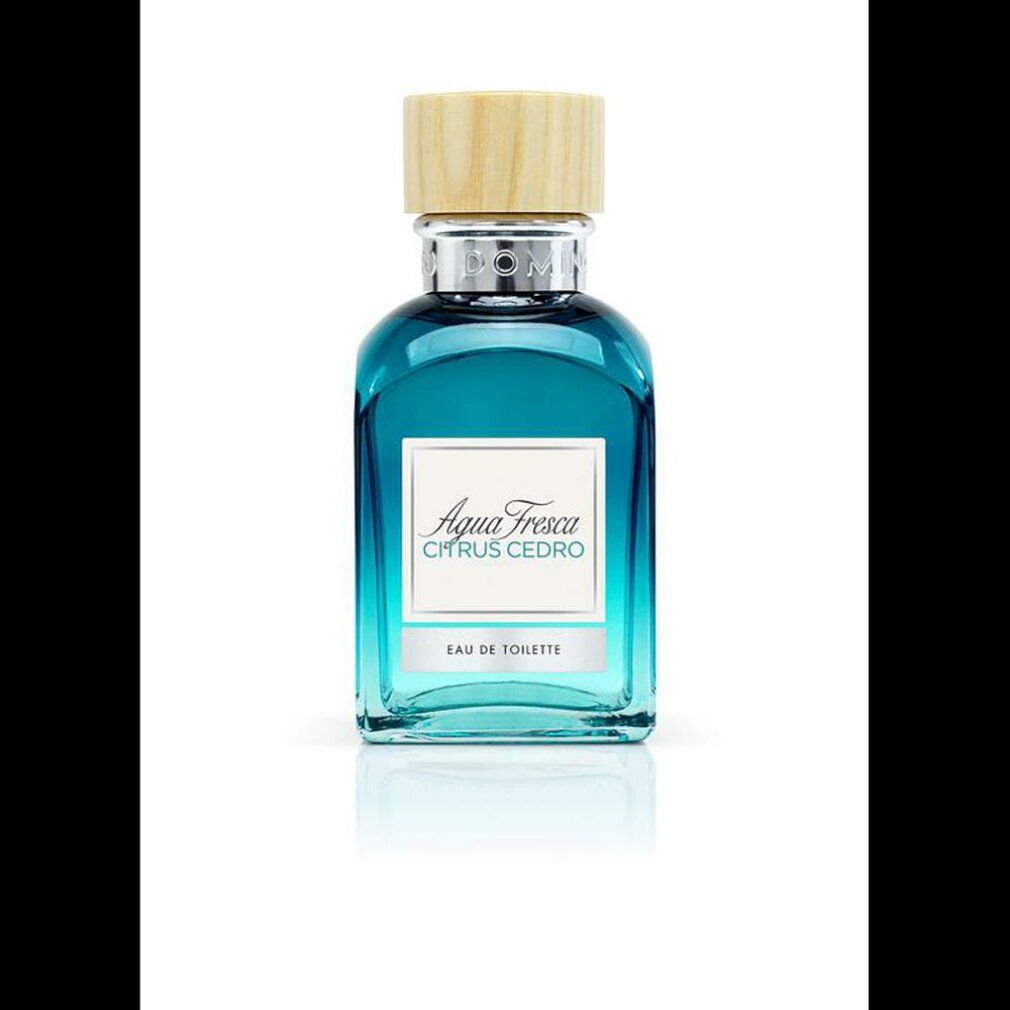 Türkisgrüner Flakon mit Holzdeckel. Aufschrift: Agua Fresca Citrus Cedro, Eau de Toilette. Klarer, quadratischer Flakon.