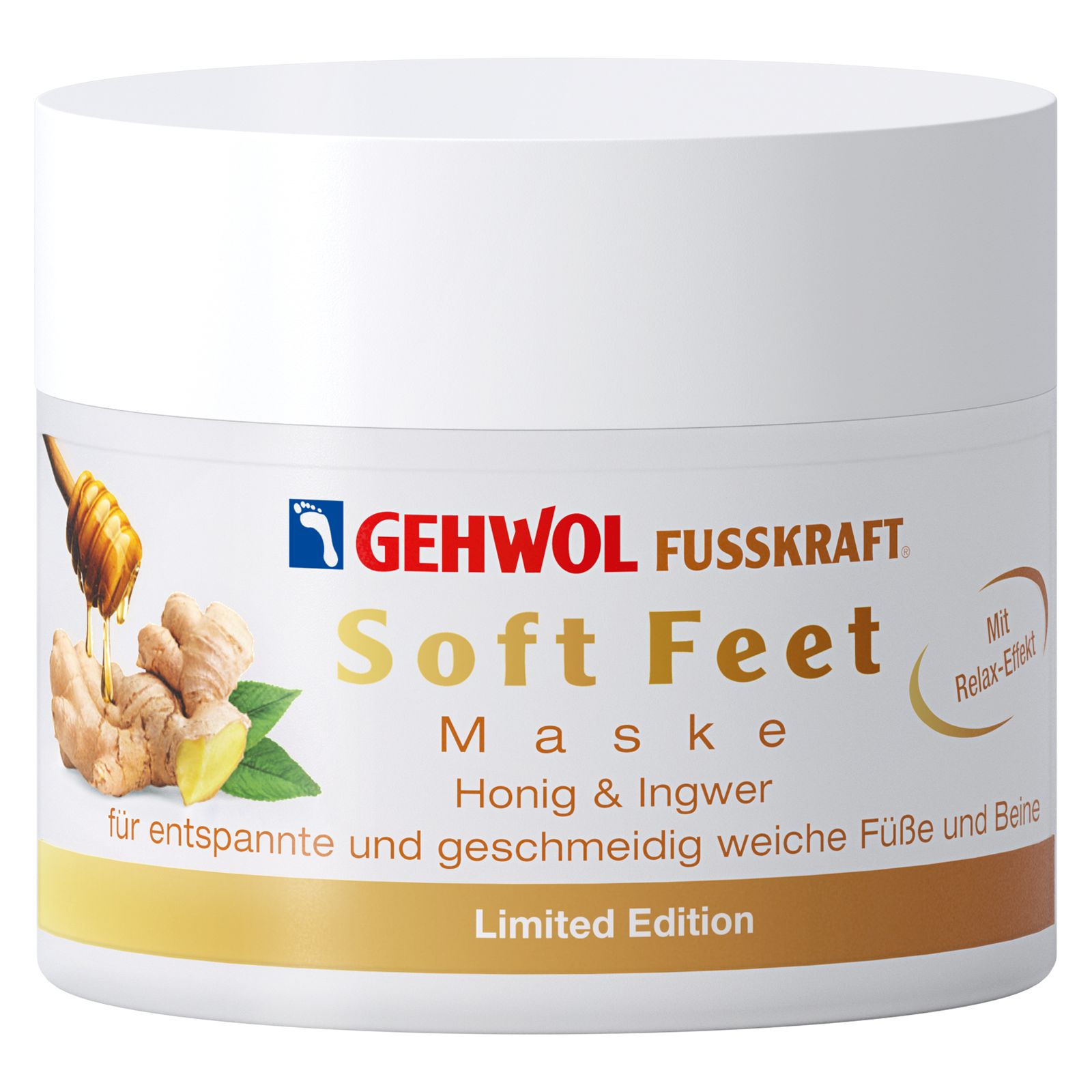 Weißer Tiegel mit Aufschrift GEHWOL FUSSKRAFT Soft Feet Maske. Abbildung von Honig, Ingwer und Blättern. Text: Limited Edition.