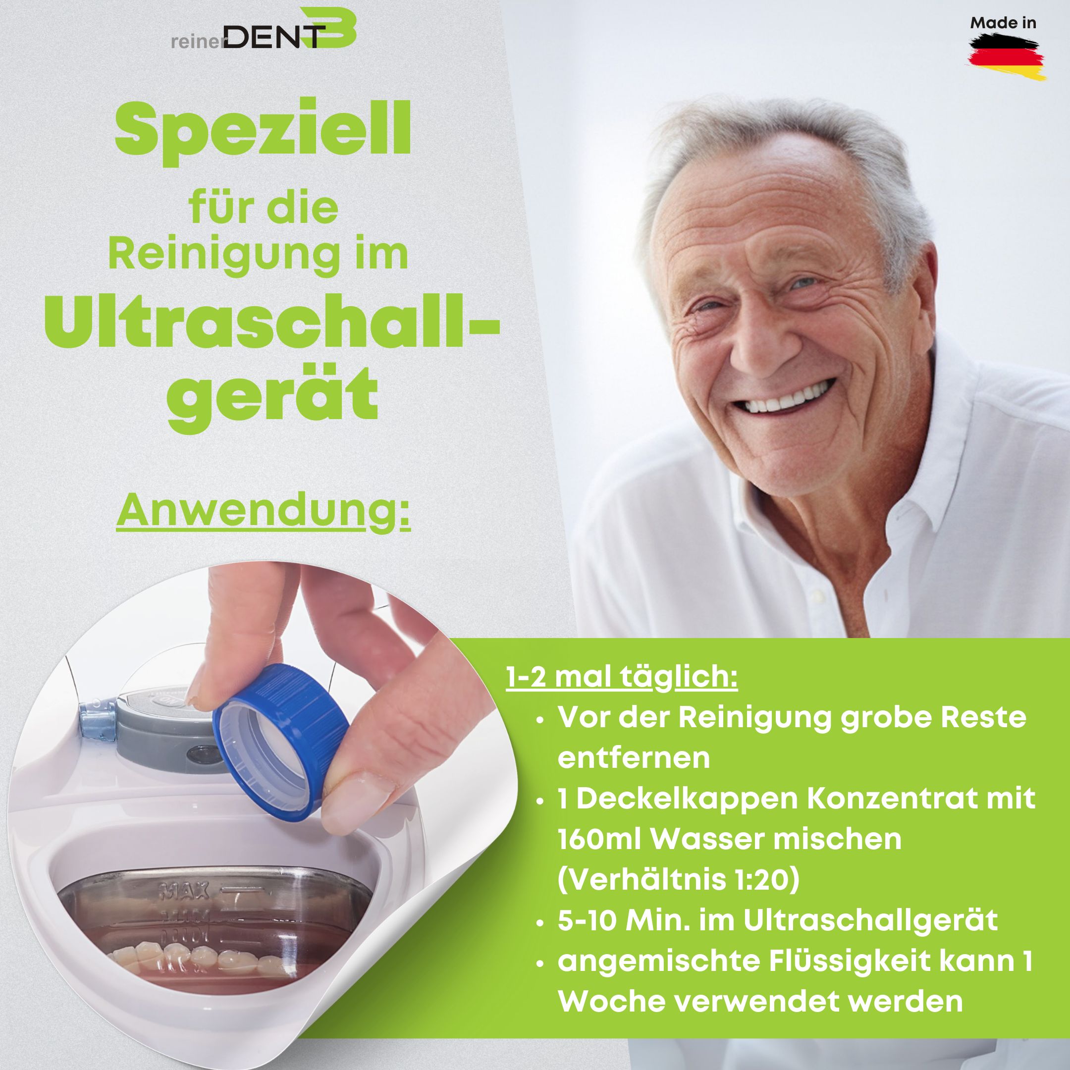 Mann öffnet blaue Kappe eines Behälters. Text: reinerDENT3, Anwendung: 1-2 mal täglich, 1 Deckelkappen Konzentrat mit 160ml Wasser mischen.