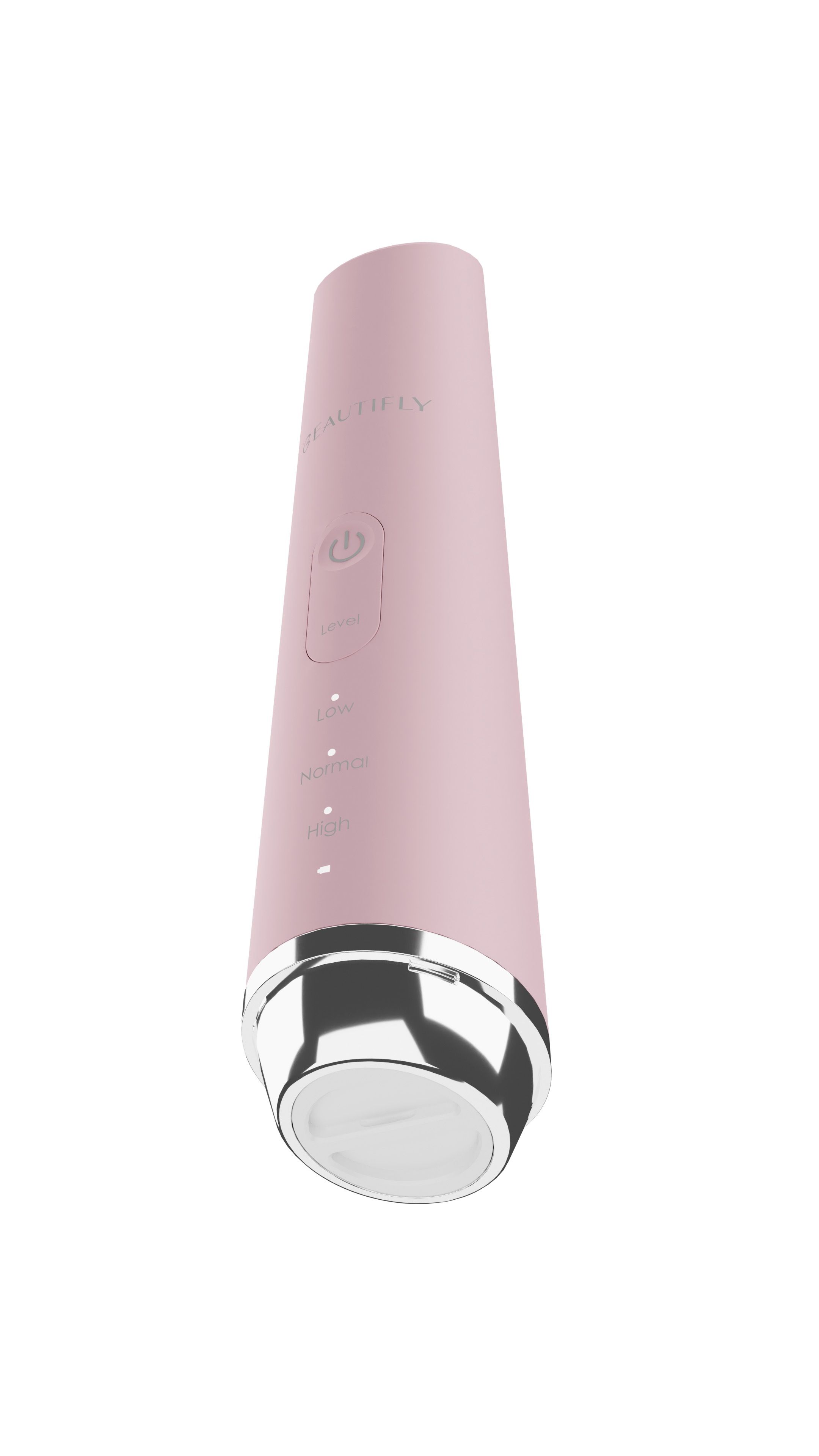 Rosa Gerät mit silberner Basis. Aufschrift BEAUTIFLY, Power-Taste und Intensitätsstufen.