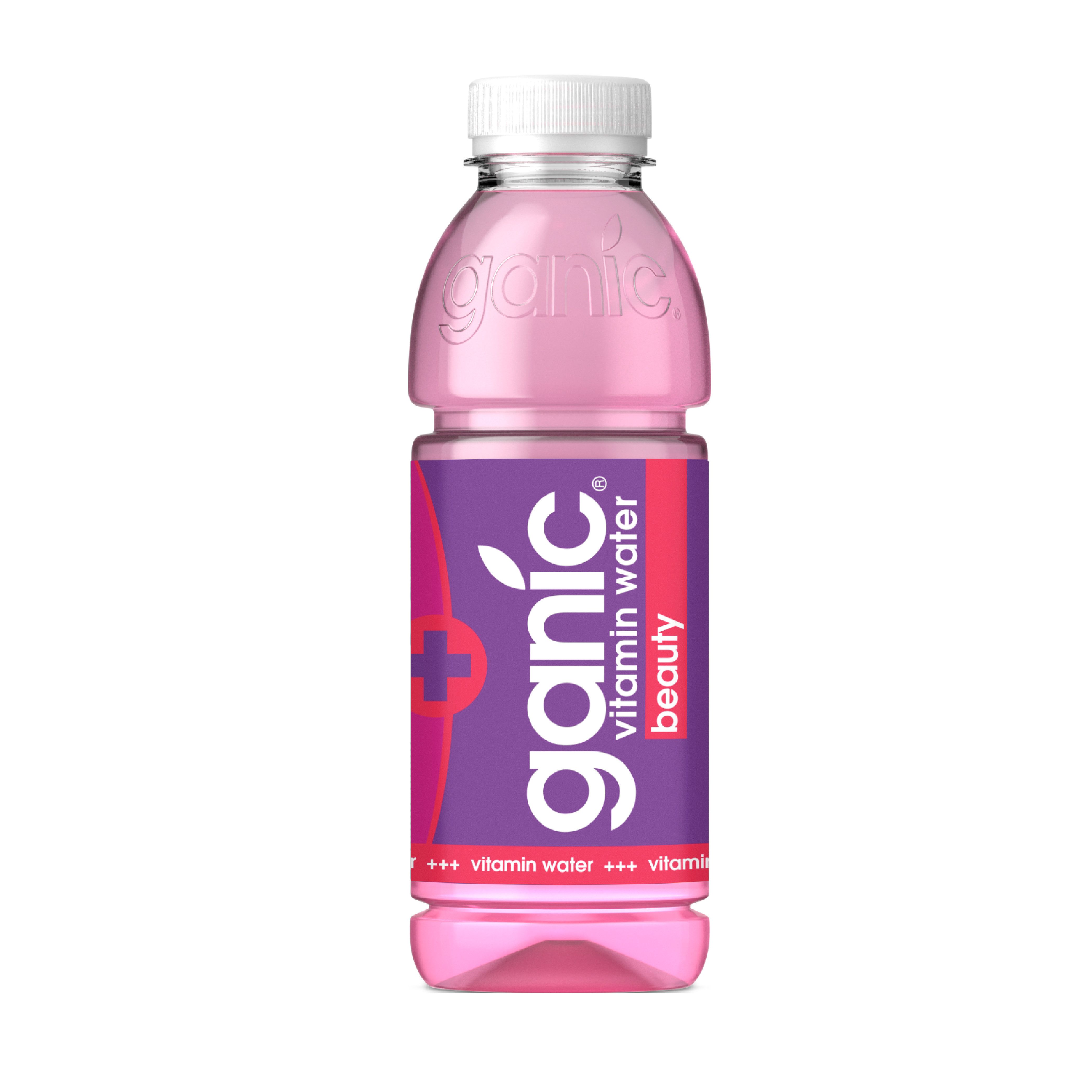 Eine Flasche Ganic Vitaminwasser Beauty. Die Flasche ist rosa und hat einen weißen Deckel. Das Etikett ist lila mit dem Markennamen und dem Produktnamen in Weiß. Es gibt auch ein rotes Kreuz-Symbol.
