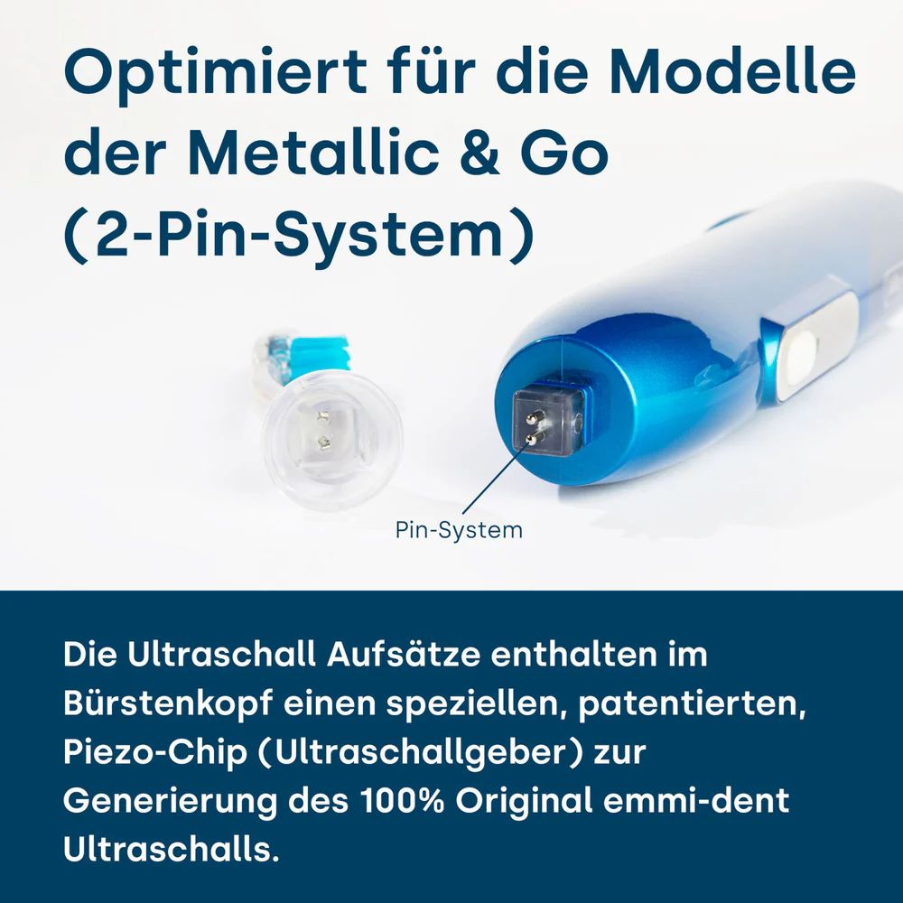 Infografik: Zahnbürste und Zahnbürstenkopf. Text: "Optimiert für die Modelle der Metallic & Go (2-Pin-System)". Detail des Pin-Systems.