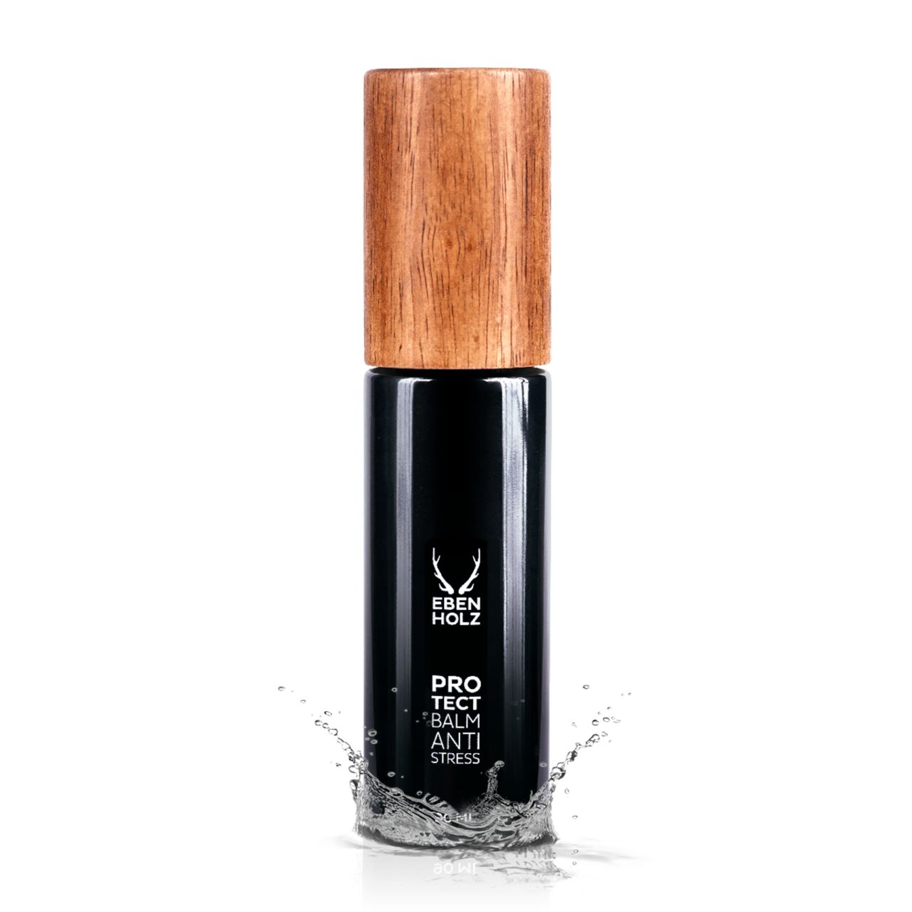 Schwarze Flasche mit Holzdeckel. Aufschrift: Ebenholz, Protect Balm Anti Stress. Unten: 90 ml. Wasser spritzt.