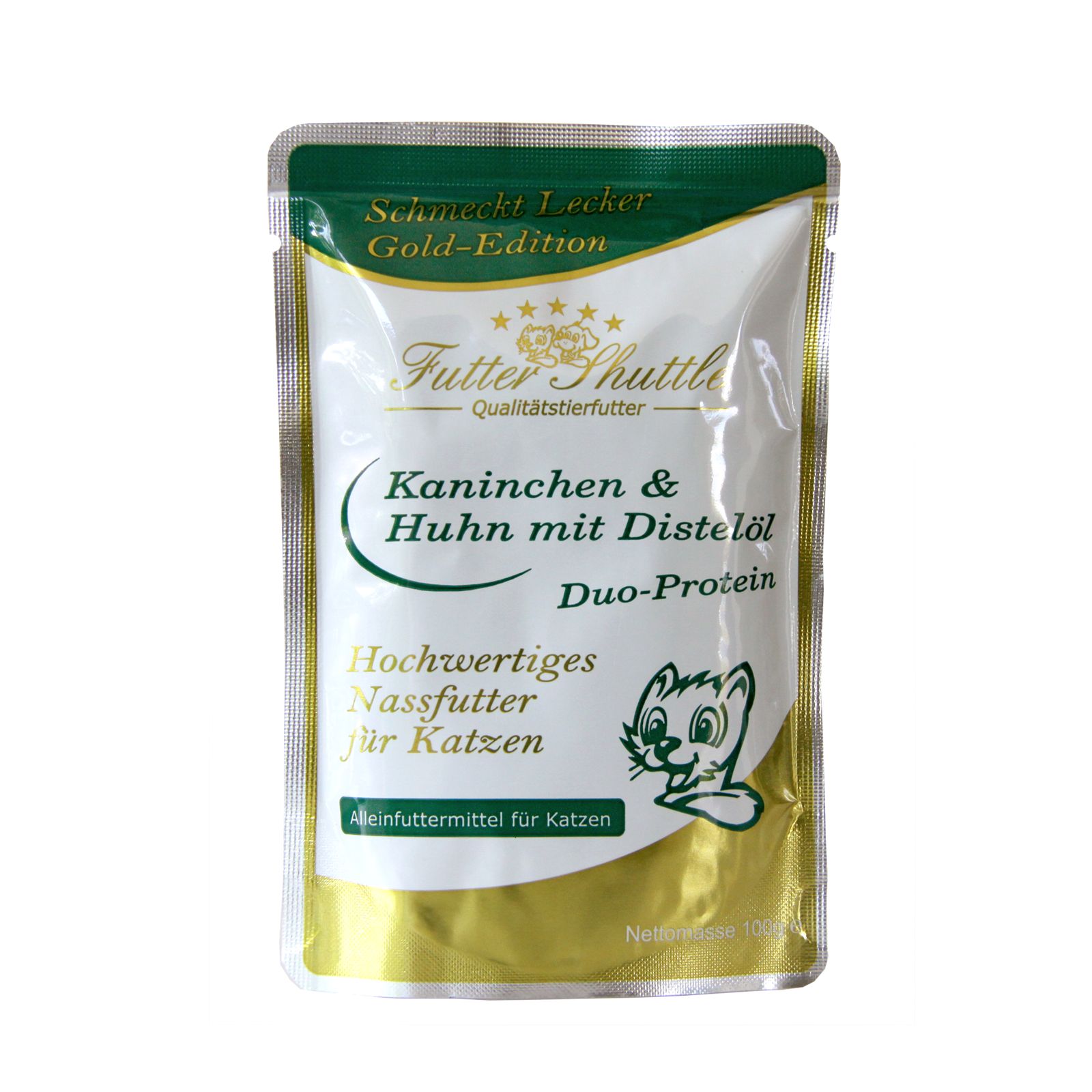 Katzen Nassfutter Beutel. Gold-Edition. Kaninchen & Huhn mit Distelöl. Duo-Protein. Hochwertiges Nassfutter für Katzen. Alleinfuttermittel. Futter Shuttle Logo.