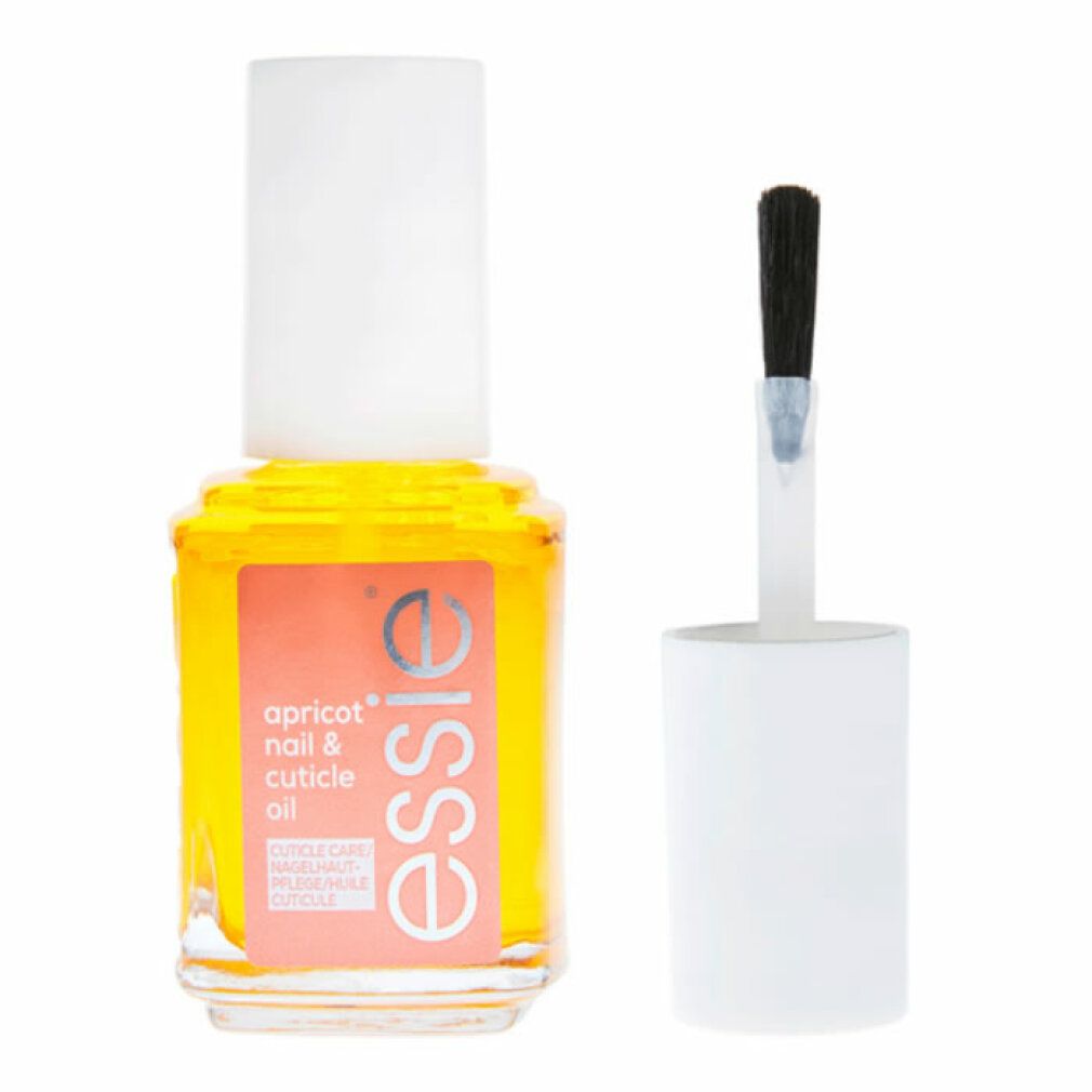 Glasflasche mit gelbem Inhalt, weißem Deckel und Pinsel. Aufkleber mit Text: apricot nail & cuticle oil, essie.