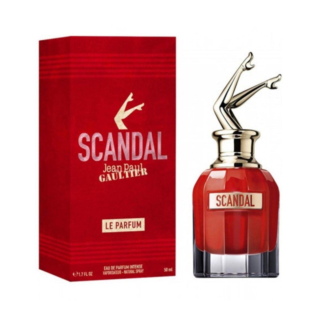Roter Karton und Flakon. Aufschrift "SCANDAL" und "Jean Paul Gaultier". Flakon mit Beinen.
