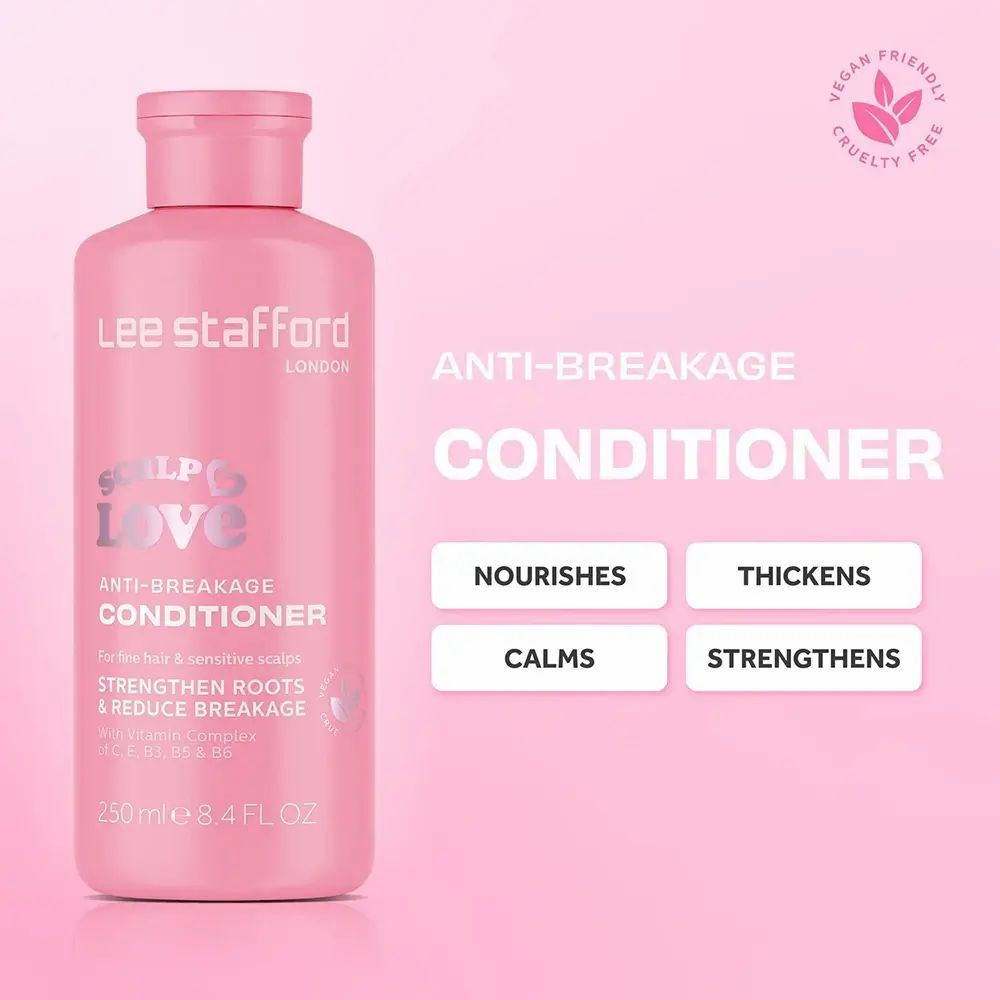 Rosa Flasche LEE STAFFORD Scalp Love Conditioner. Text: Anti-Breakage Conditioner. Vegan & tierversuchsfrei. 250ml, 8.4 FL OZ. Für feines Haar.