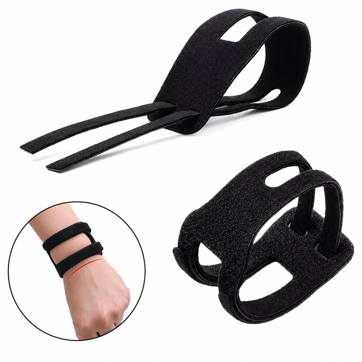 Zwei schwarze Handgelenkbandagen. Mit Klettverschluss. Eine Bandage am Handgelenk, die andere daneben.