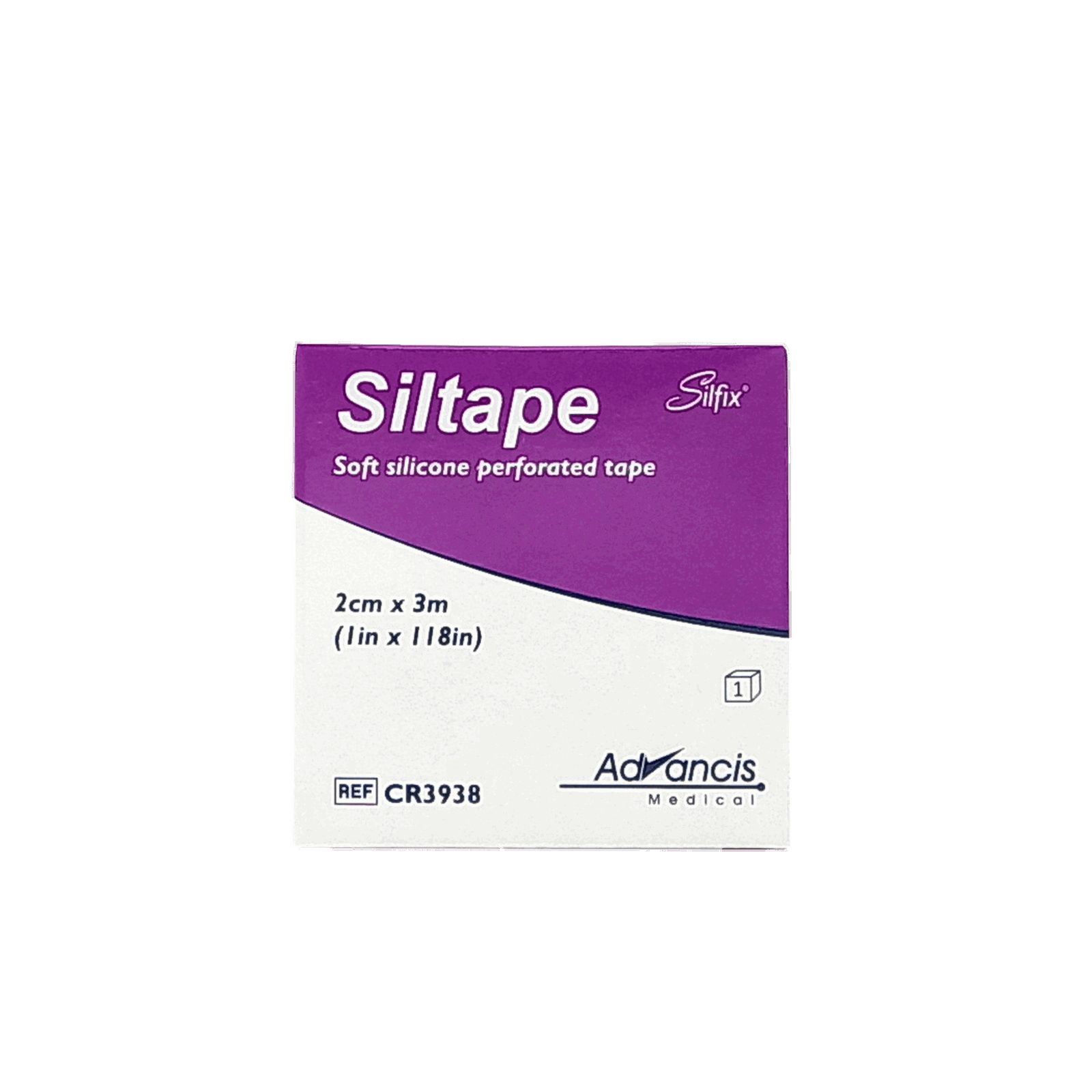 Verpackung von Siltape. Violett-weiße Schachtel mit Produktnamen und Größenangabe: 2 cm x 3 m. Marke: Advancis Medical.
