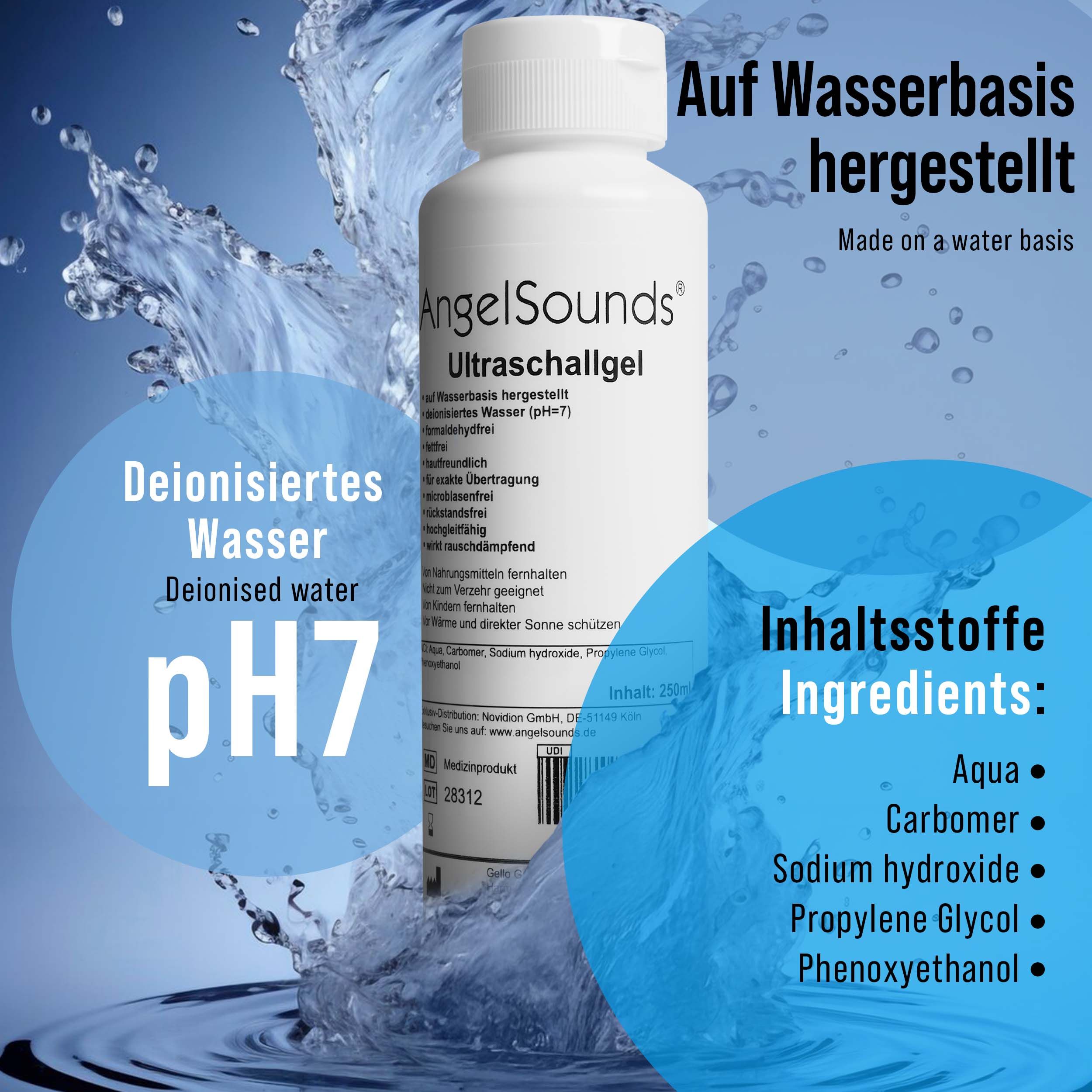 Weiße Flasche AngelSounds Ultraschallgel. Text: Auf Wasserbasis hergestellt. Inhaltsstoffe: Aqua, Carbomer, etc. Hintergrund: Wasser.