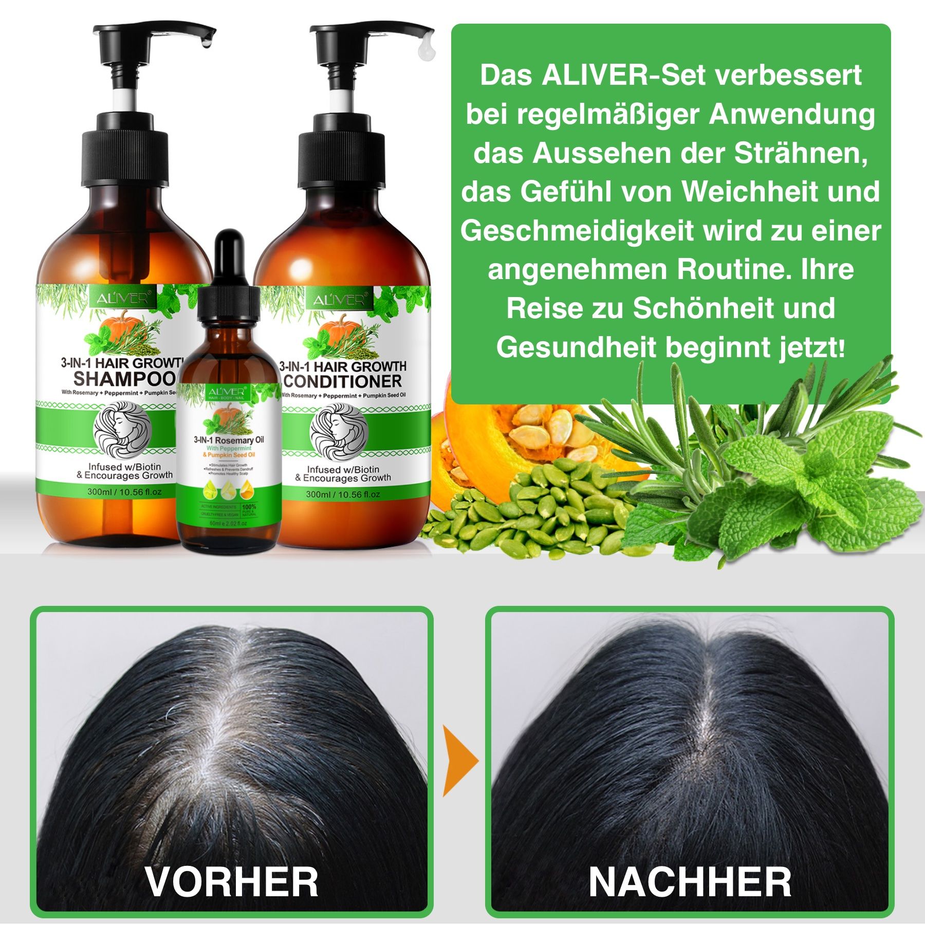 ALIVER Haarpflege-Set. Shampoo, Conditioner und Haaröl. Vorher-Nachher-Vergleich. Text über die Vorteile.