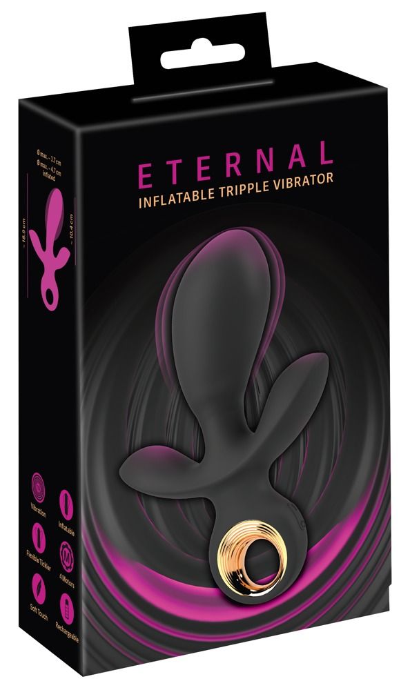 Verpackung von Eternal Inflatable Tripple Vibrator. Schwarze Box mit Produktabbildung und Produktinformationen.