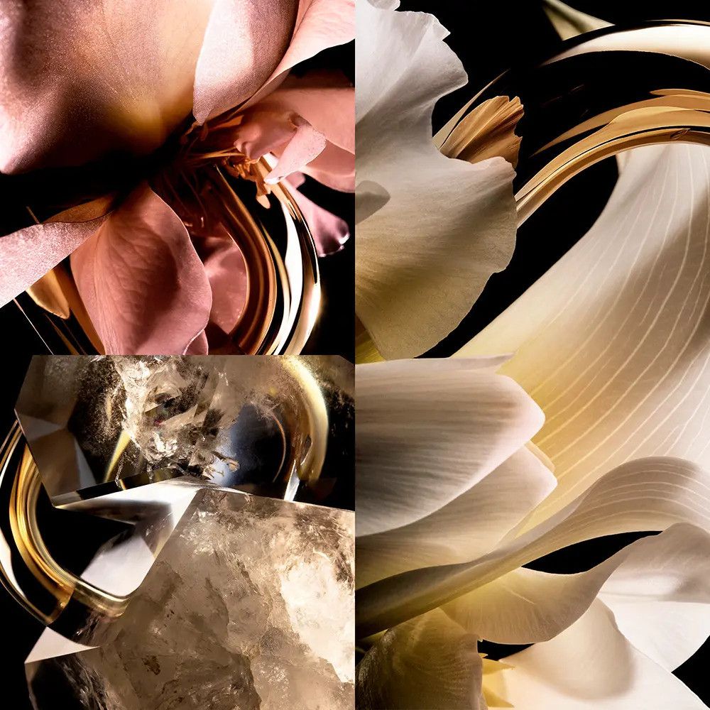 Nahaufnahme von Blütenblättern und Kristallen in Gold- und Rosatönen, vor schwarzem Hintergrund.