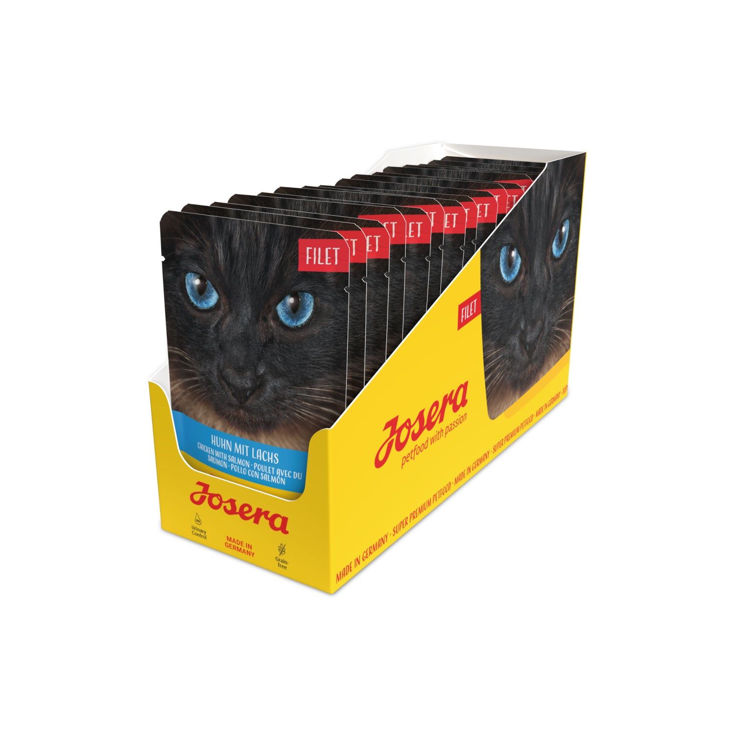 Josera Filet Huhn mit Lachs. Gelbe Verpackung mit Katzenbildern. Einzelne Beutel in einem Karton.