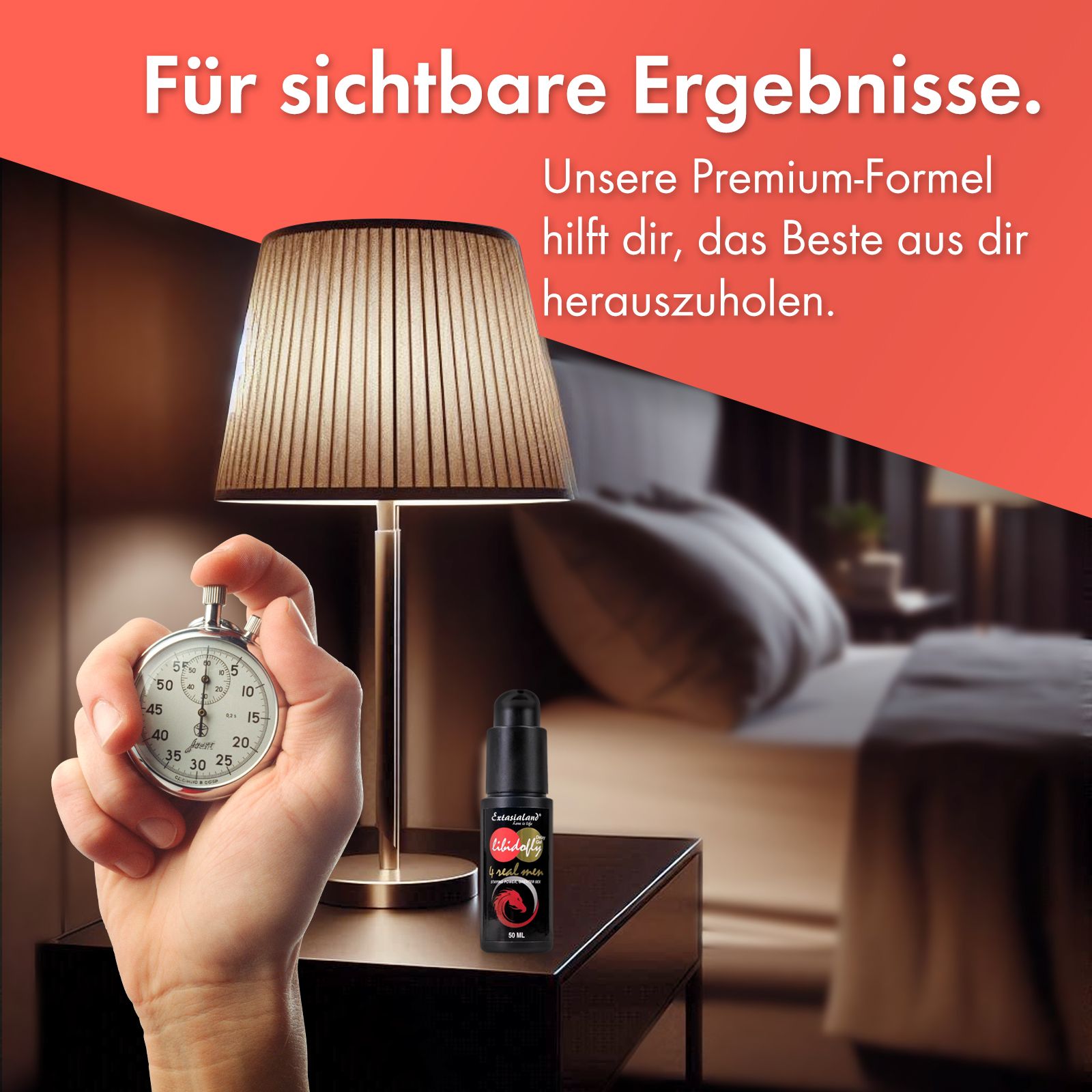 Schwarze Flasche mit Produkt neben einer Lampe und Stoppuhr. Text: Für sichtbare Ergebnisse.