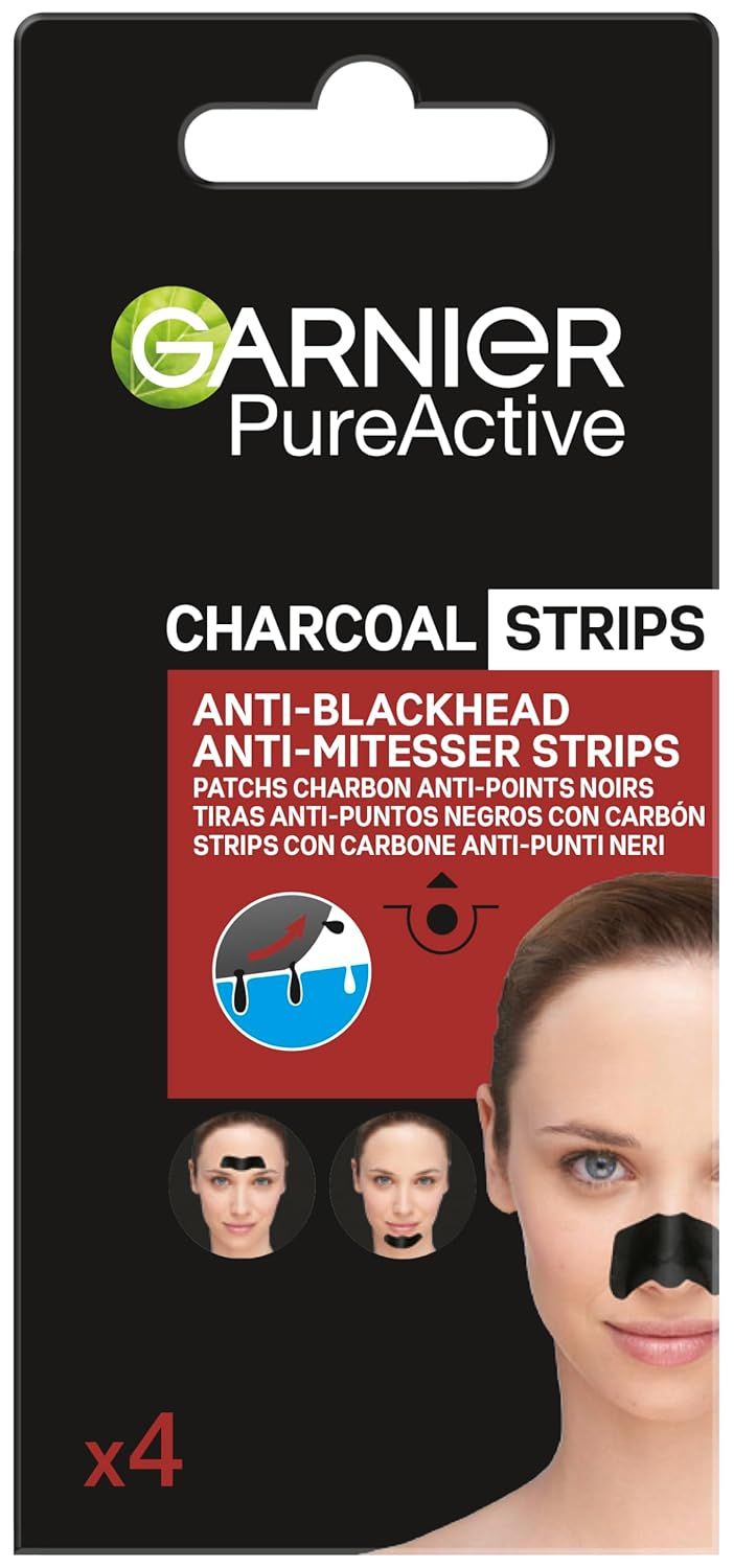 Verpackung mit Garnier PureActive Kohle Strips. Enthält 4 Strips zur Entfernung von Mitessern. Schwarze Verpackung mit Produktabbildung.