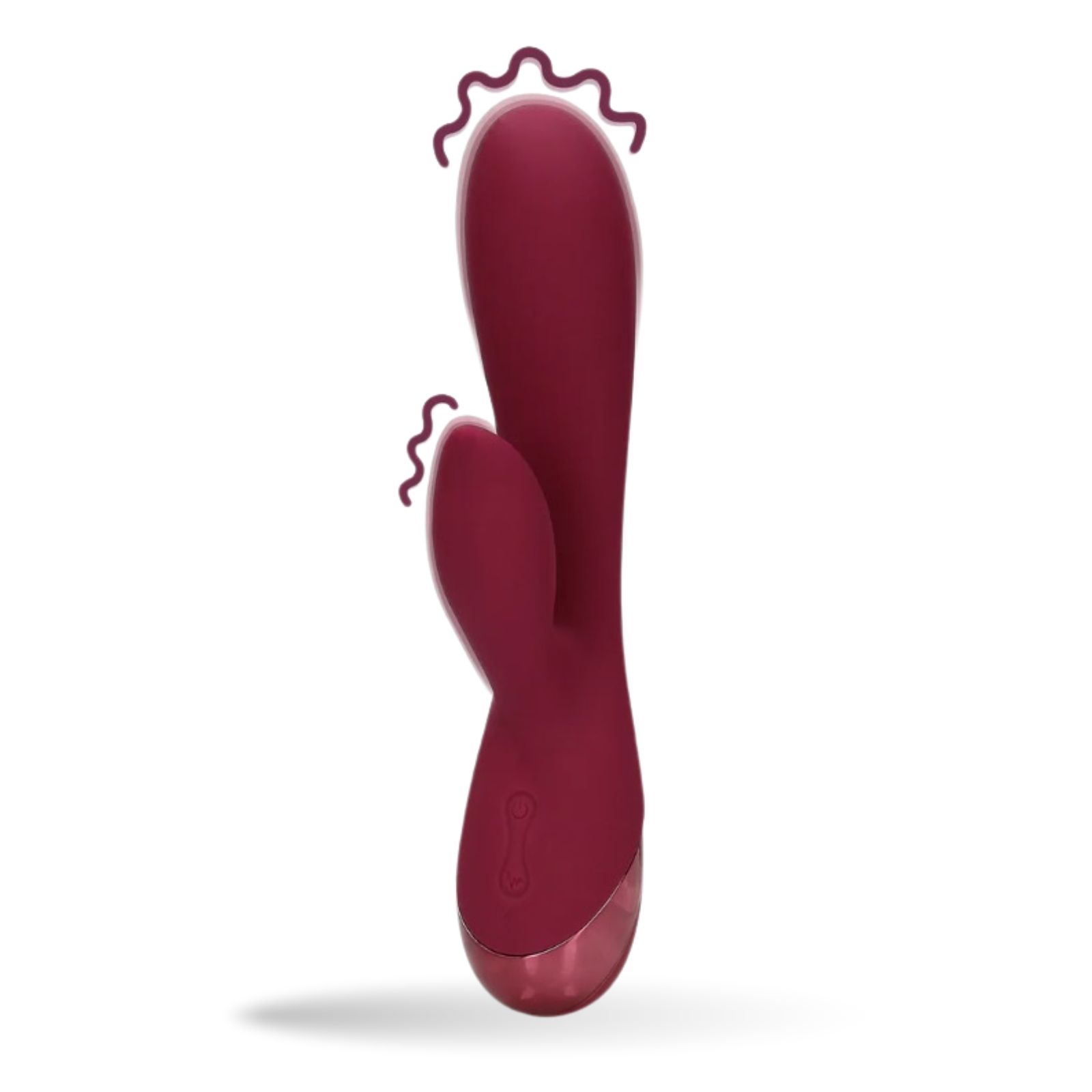 Weinroter Vibrator mit zwei Köpfen. Wellenförmige Details. Abgerundete Basis.