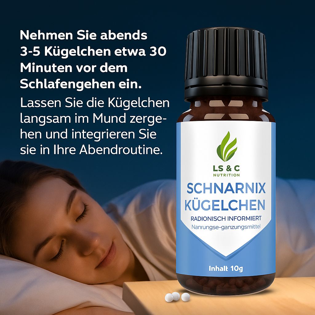 Produktflasche neben schlafender Frau. Blau-weißes Etikett mit Logo und Produktname. Einige Kügelchen liegen daneben.