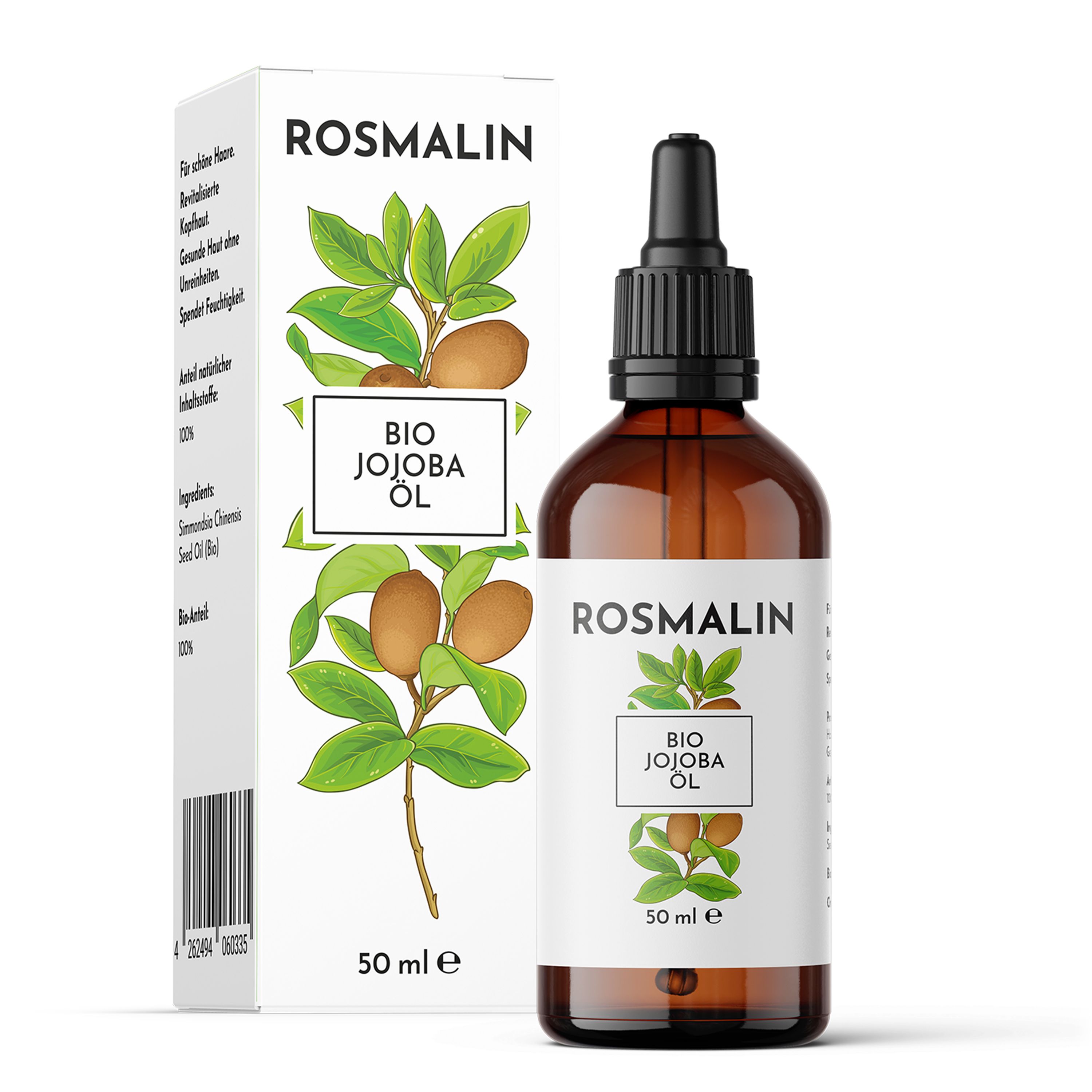 Rosmalin Bio Jojoba Öl Flasche mit Verpackung. Braune Glasflasche mit Pipette. Text: Bio Jojoba Öl. 50 ml.