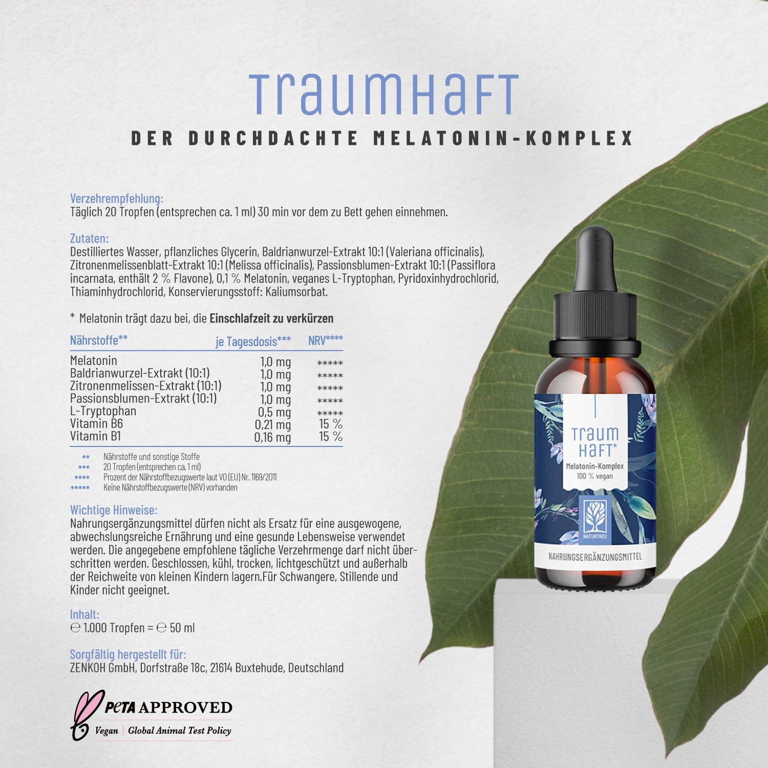 Melatonin Tropfen Komplex mit Pflanzenstoffen - Traumhaft - NATURTREU®