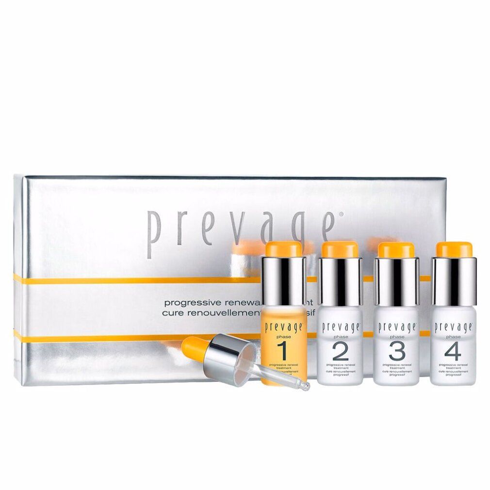 Set mit vier Fläschchen und einer Pipette. Aufschrift "prevage". Verpackung mit gelbem Streifen. Fläschchen nummeriert 1-4.