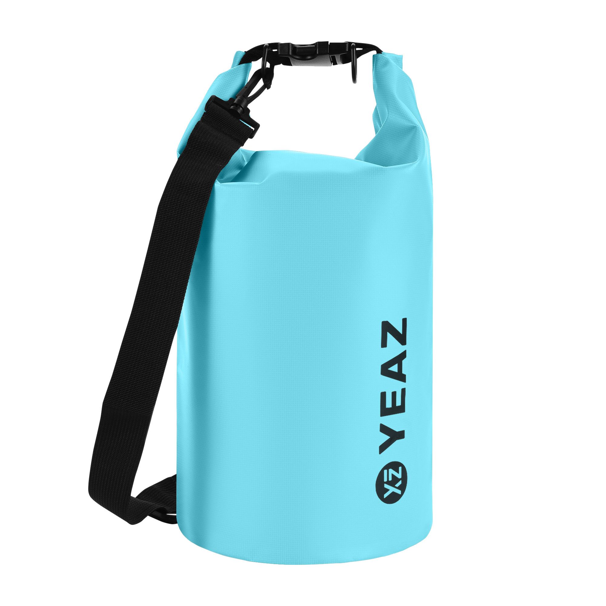 Hellblauer Packsack mit schwarzem Schultergurt. Aufgedrucktes Logo "YEAZ".