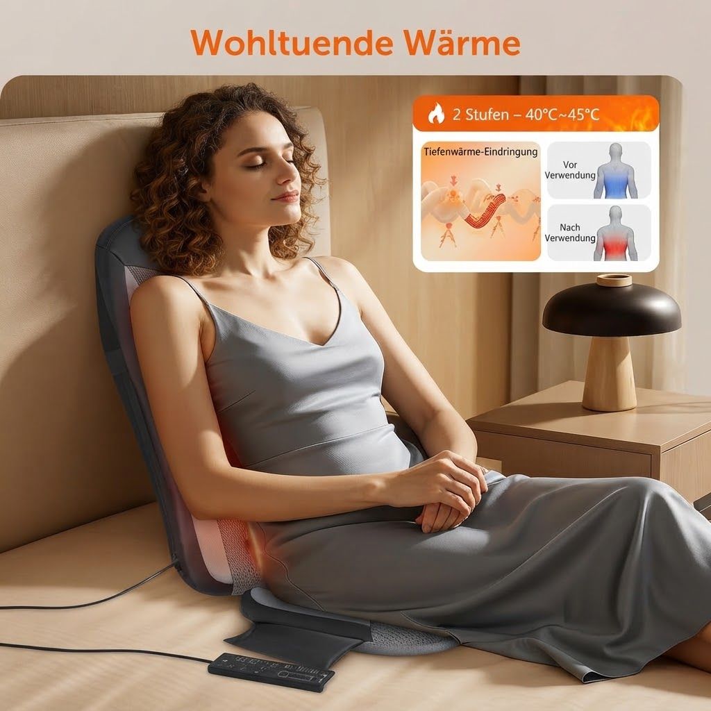 Frau liegt auf einem Bett und nutzt eine Massageauflage für den Rücken mit Wärmefunktion.