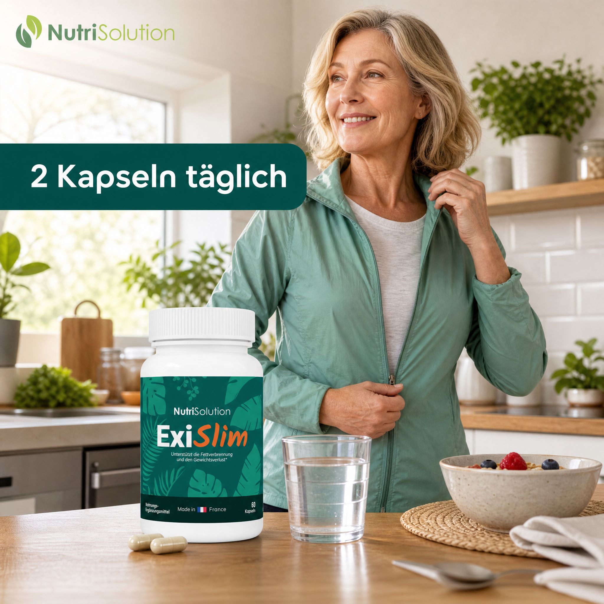 NutriSolution ExiSlim Flasche auf einem Tisch mit einer Frau im Hintergrund.