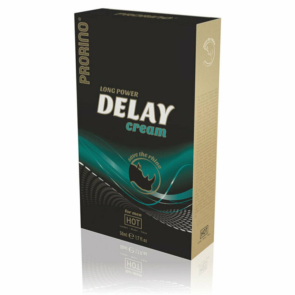 Schwarze Verpackung mit Produktnamen und Logo. Türkis-weiße Designelemente. Aufschrift: DELAY cream.