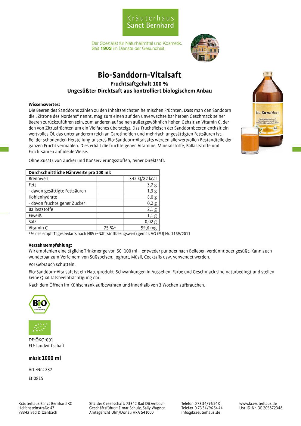 Sanct Bernhard Bio-Sanddorn-Vitalsaft 1 l Saft