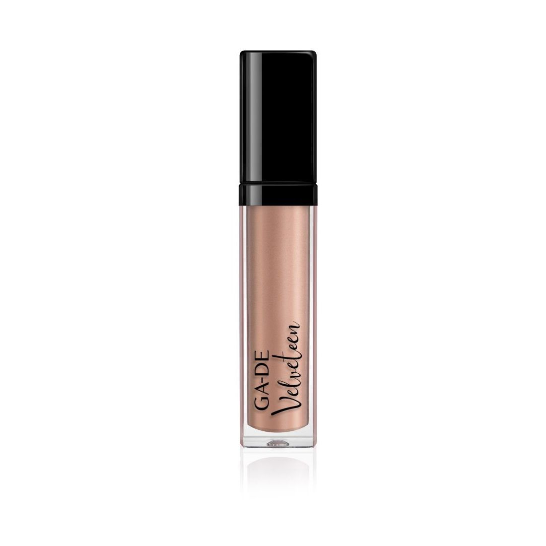 Lipgloss-Tube mit schwarzem Deckel. Aufschrift: GA-DE Velveteen. Inhalt: hellbraun.