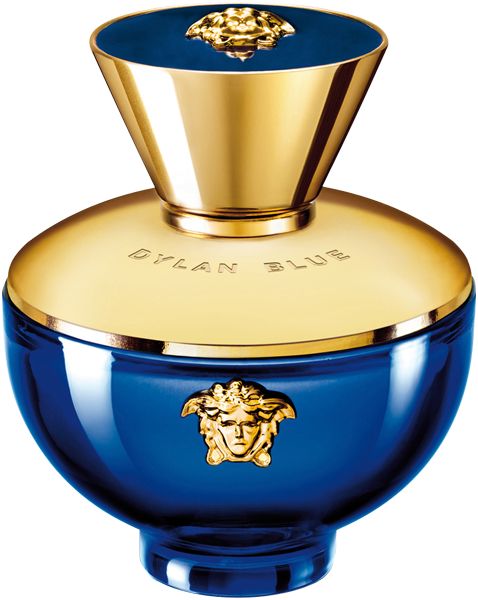 Blauer Parfumflakon mit goldenen Akzenten. Medusa-Logo. Aufschrift: Dylan Blue.